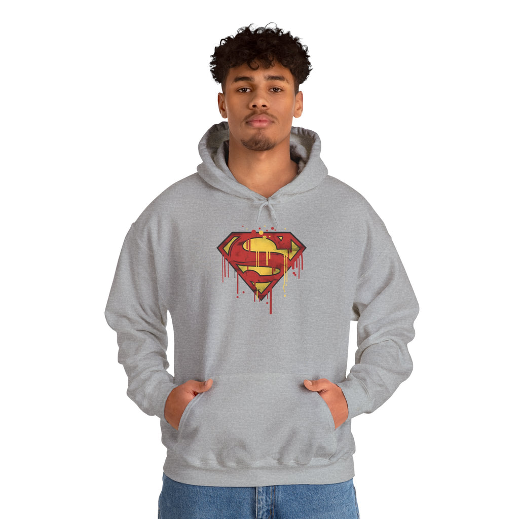 Dripping Superman Emblem Hoodie — Retro Grunge Bleeding Superman Pullover