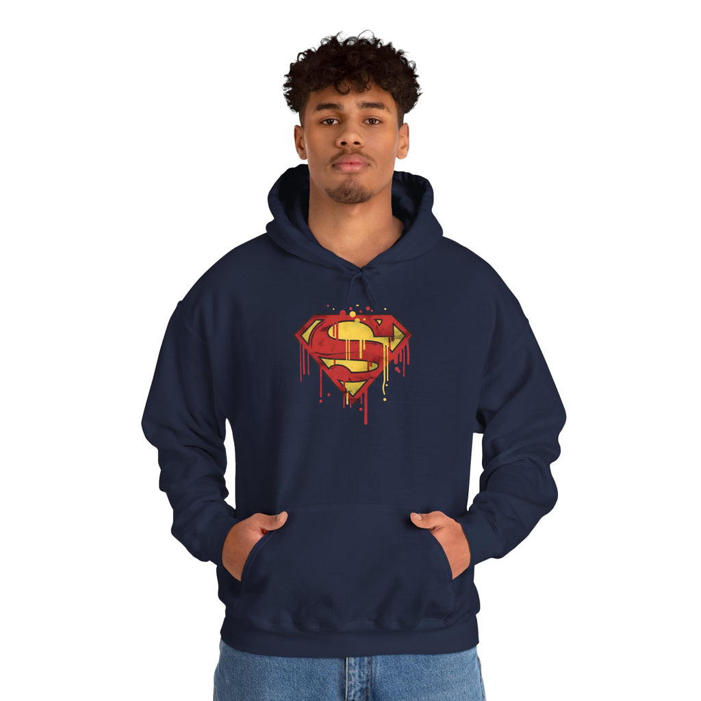 Dripping Superman Emblem Hoodie — Retro Grunge Bleeding Superman Pullover