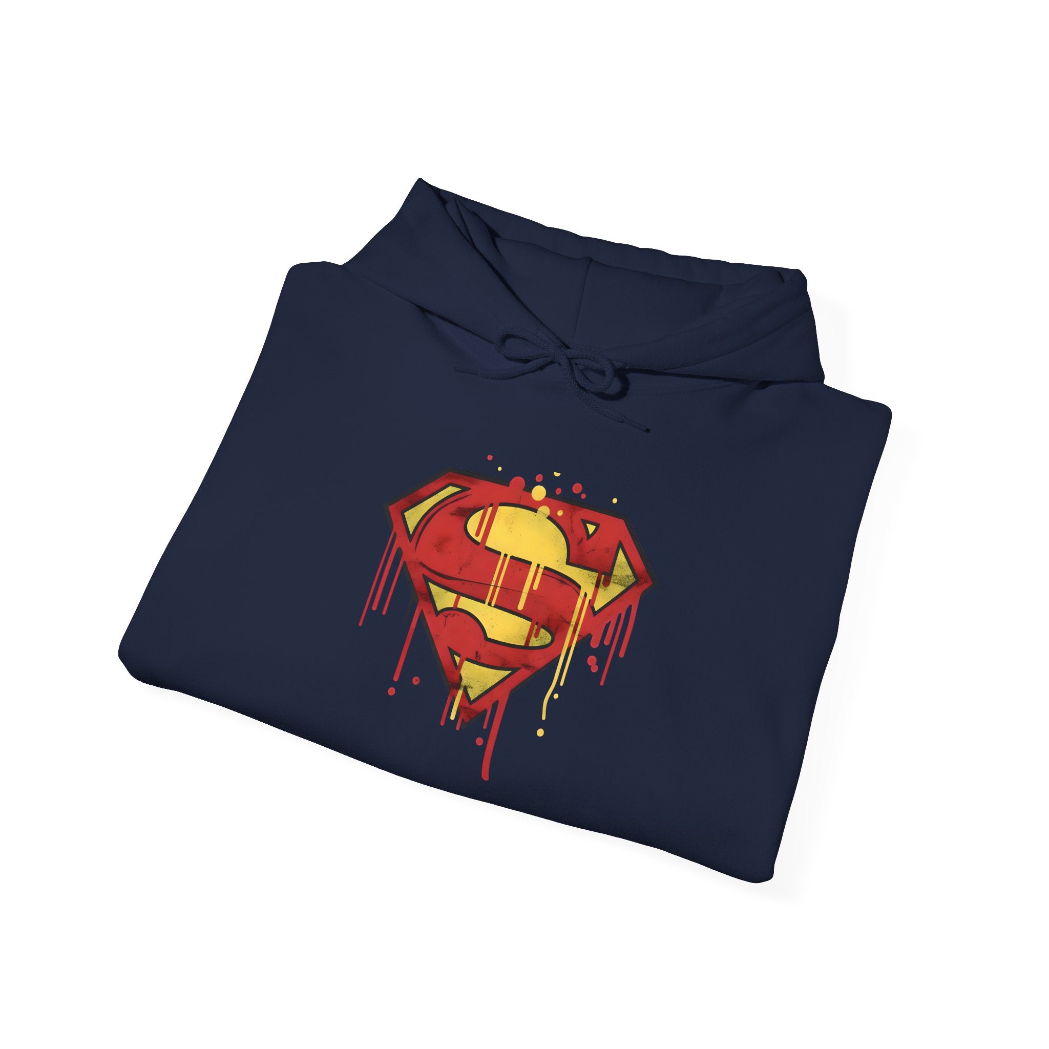 Dripping Superman Emblem Hoodie — Retro Grunge Bleeding Superman Pullover