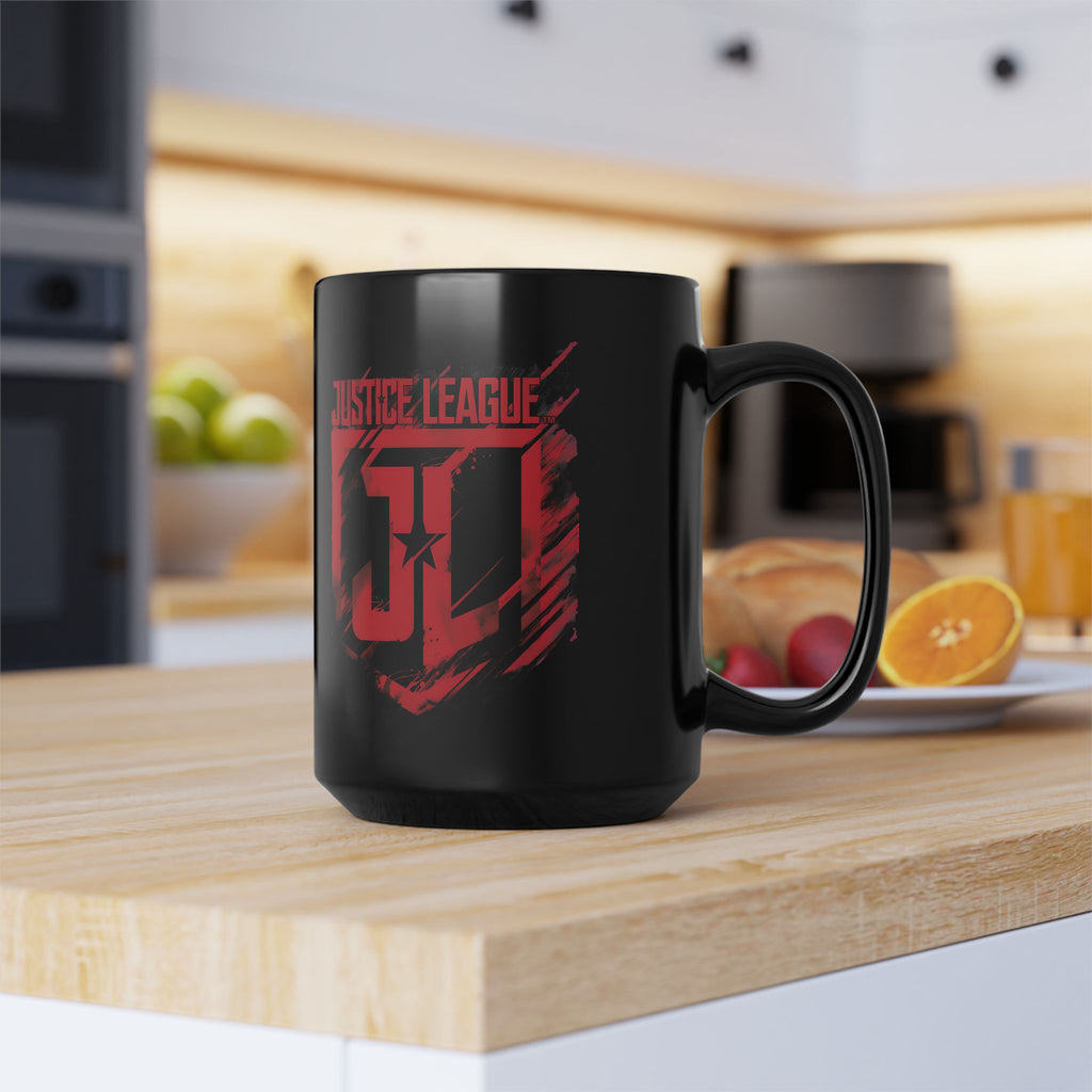 Justice League Logo Black Mug — Red Emblem Coffee Ceramic Cup (11oz/15oz)