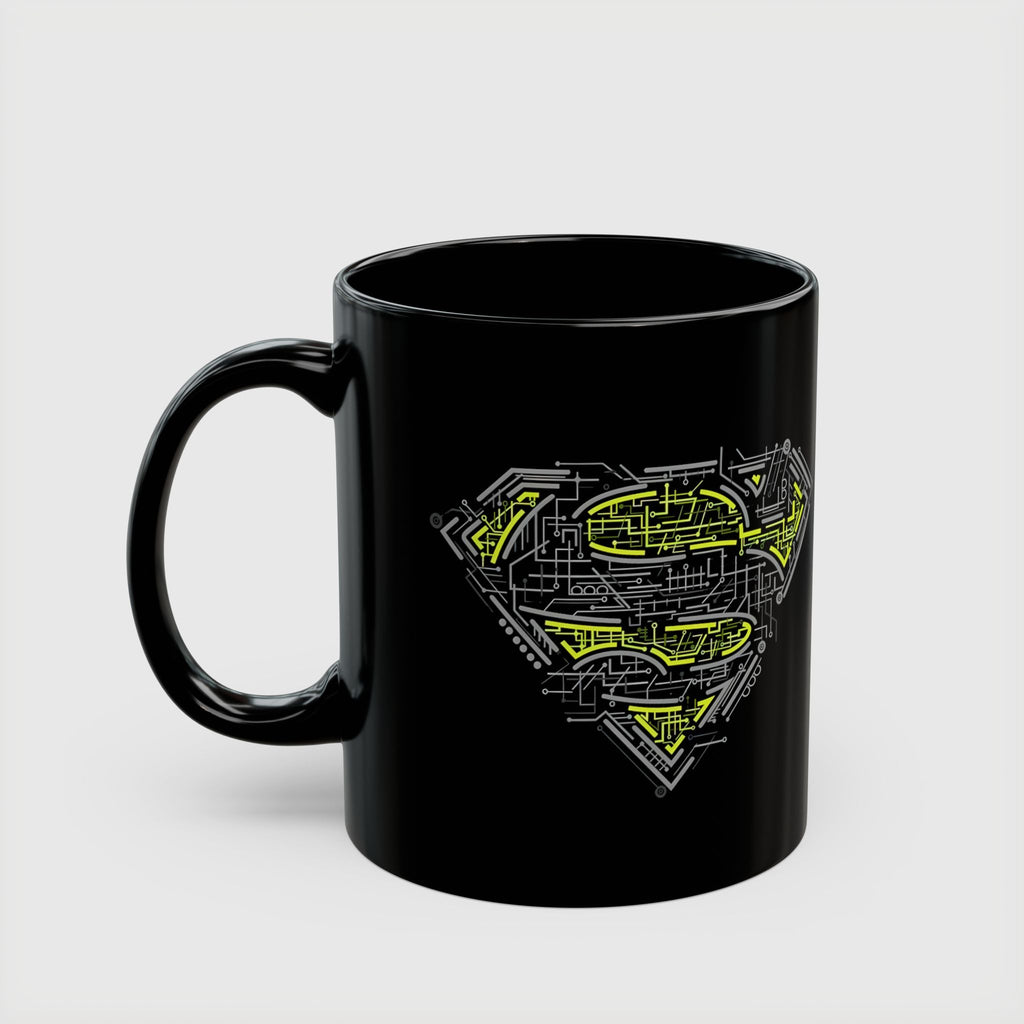 DC Superman Cyborg Logo Coffee Mug — Neon Tech Superman Shield Coffee Cup (11oz/15oz)