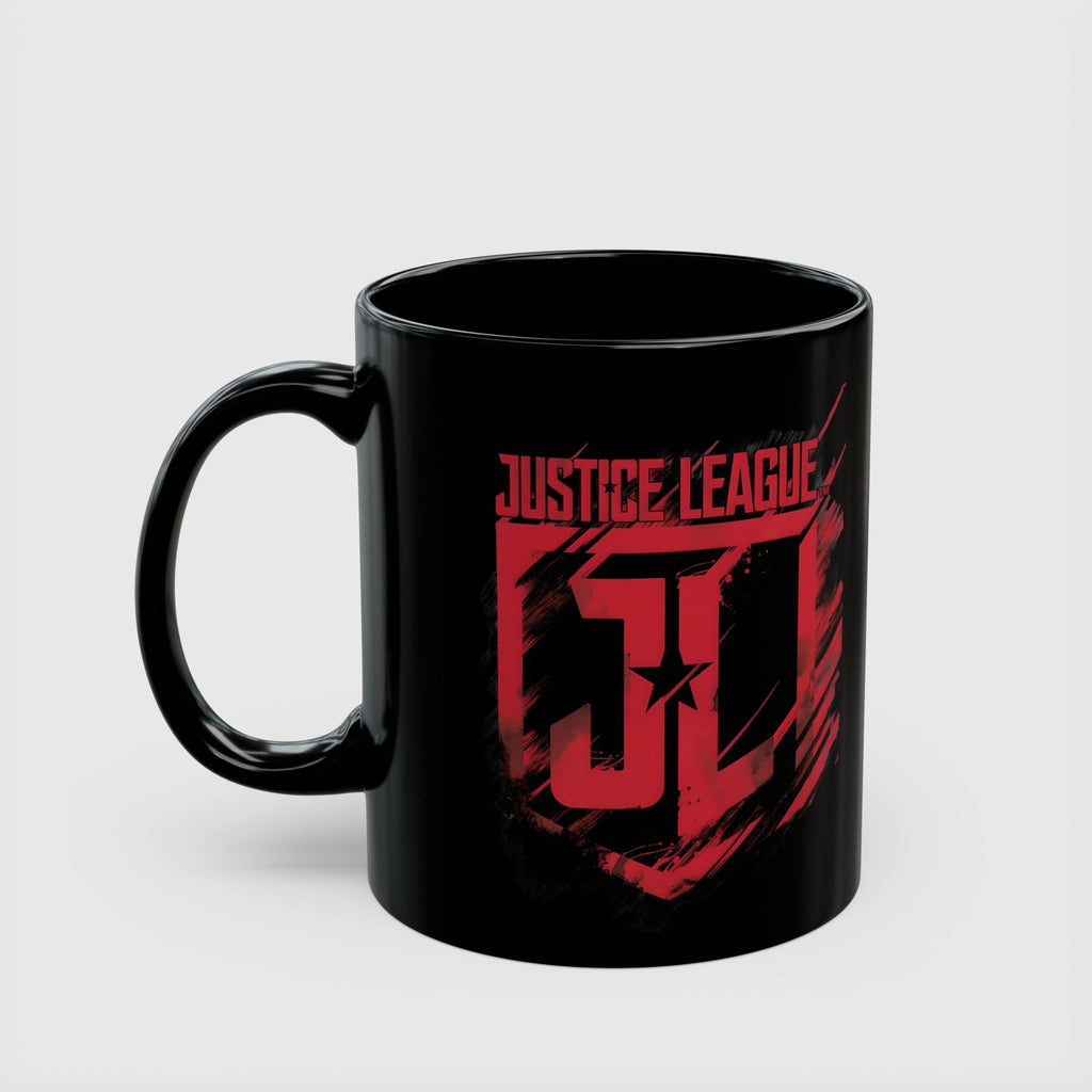 Justice League Logo Black Mug — Red Emblem Coffee Ceramic Cup (11oz/15oz)