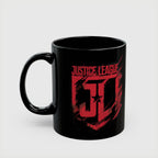 Justice League Logo Black Mug — Red Emblem Coffee Ceramic Cup (11oz/15oz)