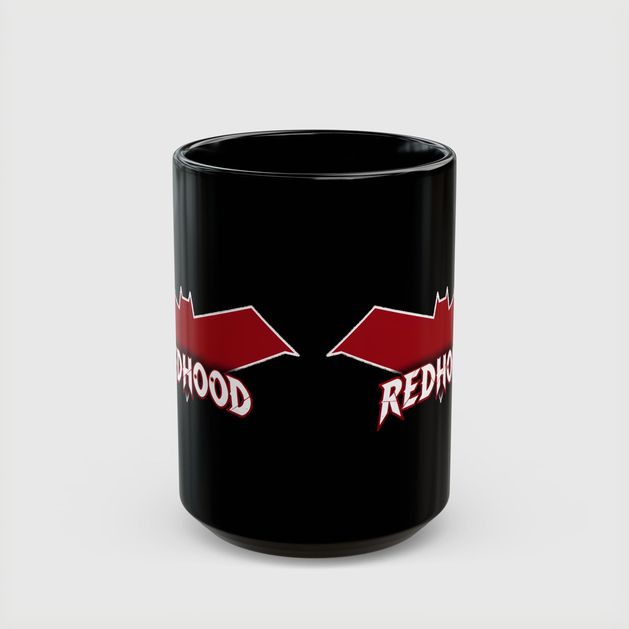 Red Hood Outlaw Symbol Black Ceramic Mug - Jason Todd Coffee Cup - Bold Red Bat Emblem Design - 11oz & 15oz