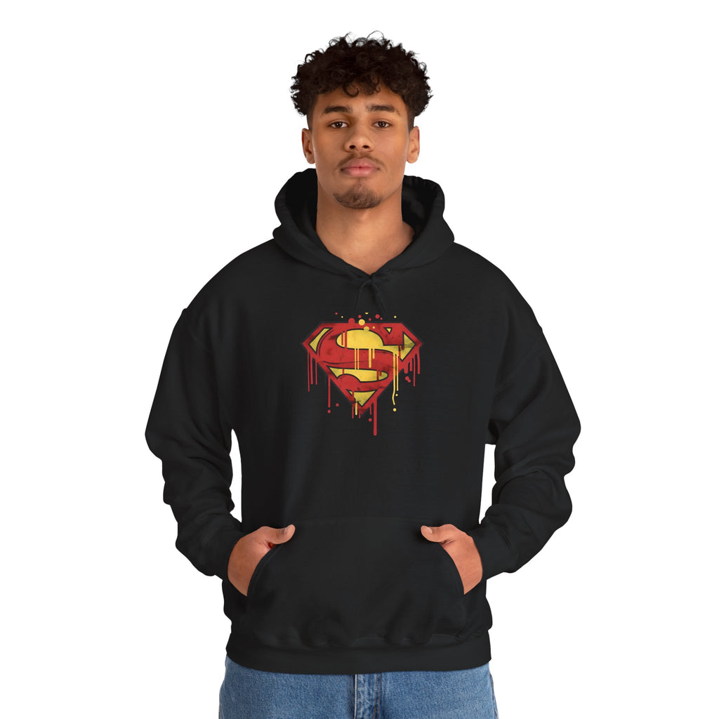 Dripping Superman Emblem Hoodie — Retro Grunge Bleeding Superman Pullover