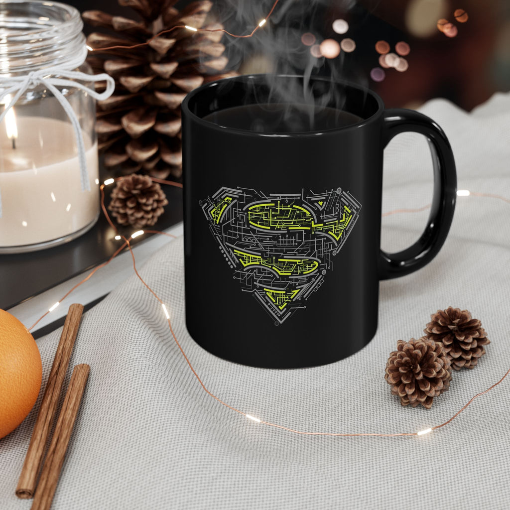 DC Superman Cyborg Logo Coffee Mug — Neon Tech Superman Shield Coffee Cup (11oz/15oz)