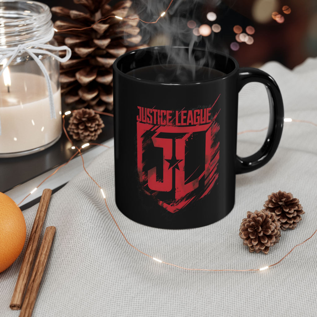 Justice League Logo Black Mug — Red Emblem Coffee Ceramic Cup (11oz/15oz)