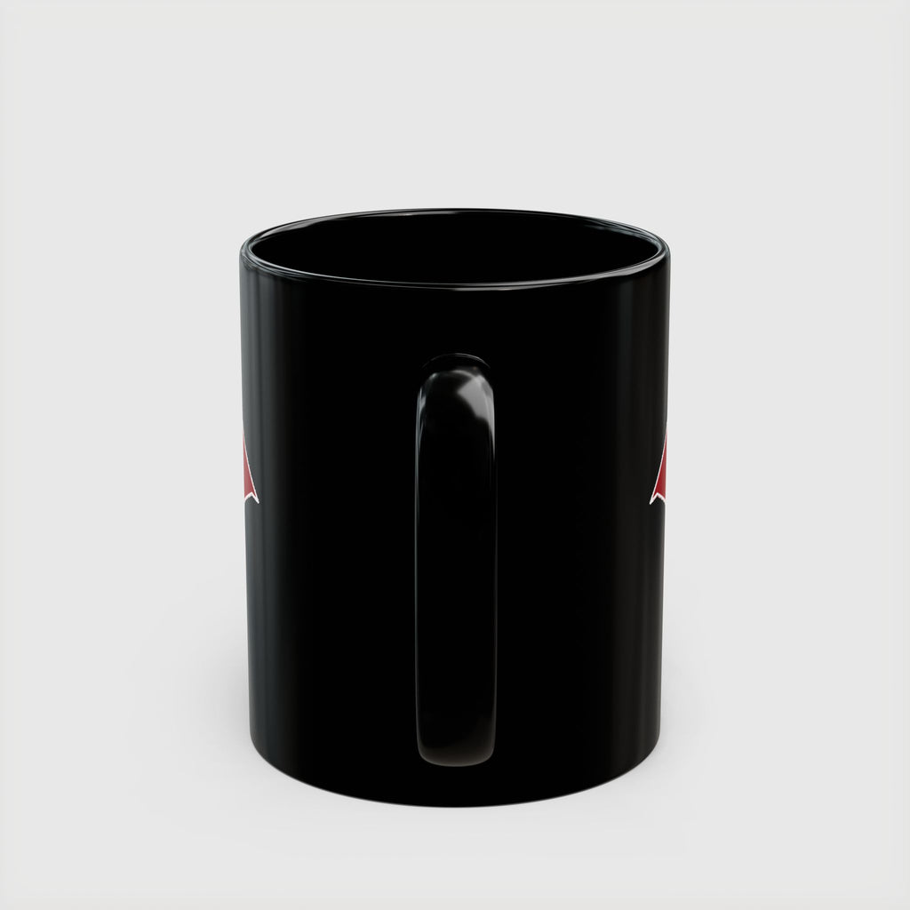Red Hood Outlaw Symbol Black Ceramic Mug - Jason Todd Coffee Cup - Bold Red Bat Emblem Design - 11oz & 15oz
