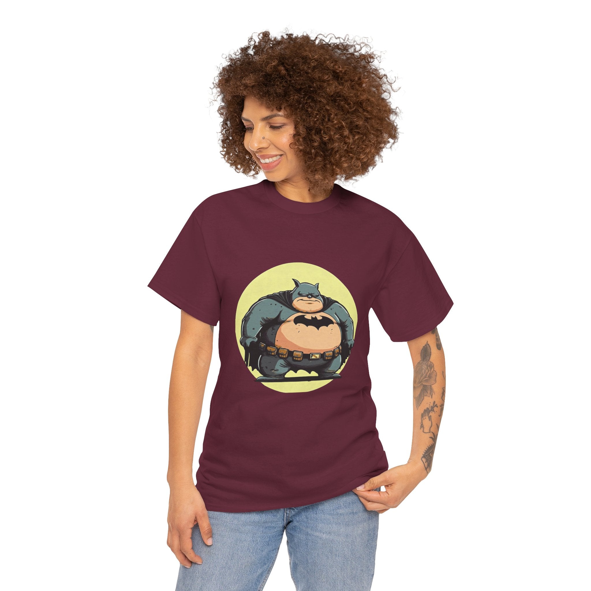 Funny Chubby Bat Hero T‑Shirt — Cute Fat Batman Parody Tee