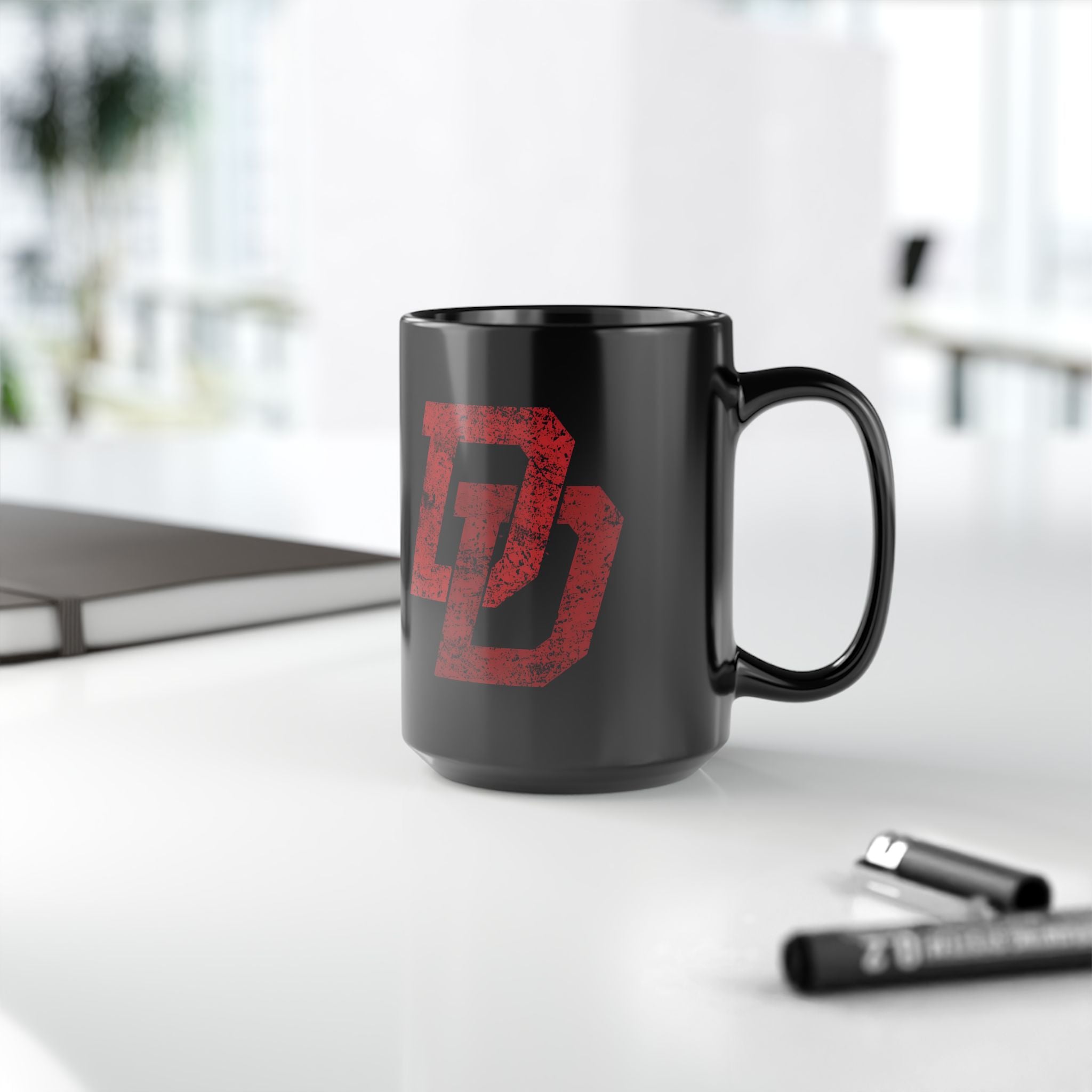 Daredevil Red Logo Black Coffee Mug — Marvel DD Logo (11oz & 15oz)