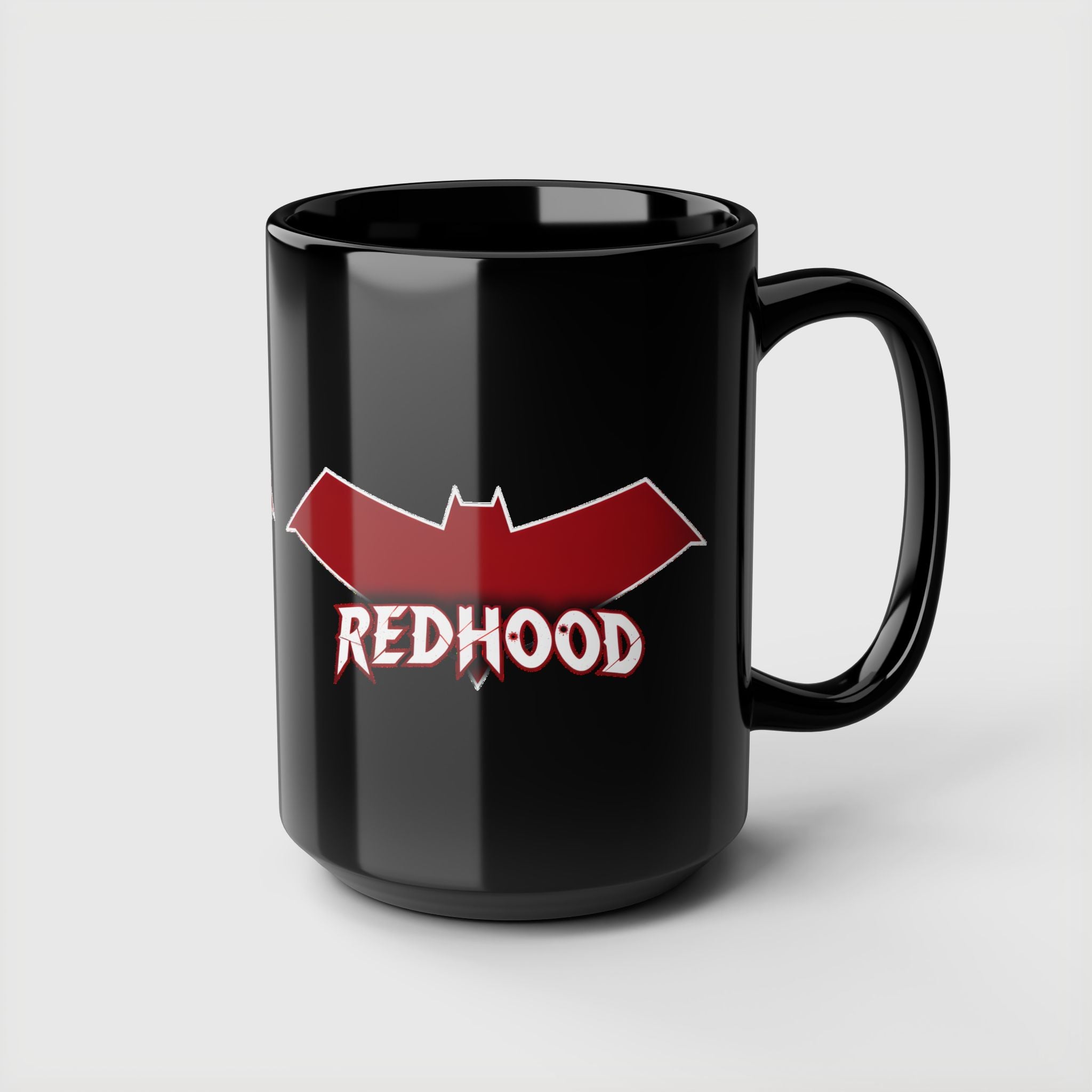 Red Hood Outlaw Symbol Black Ceramic Mug - Jason Todd Coffee Cup - Bold Red Bat Emblem Design - 11oz & 15oz