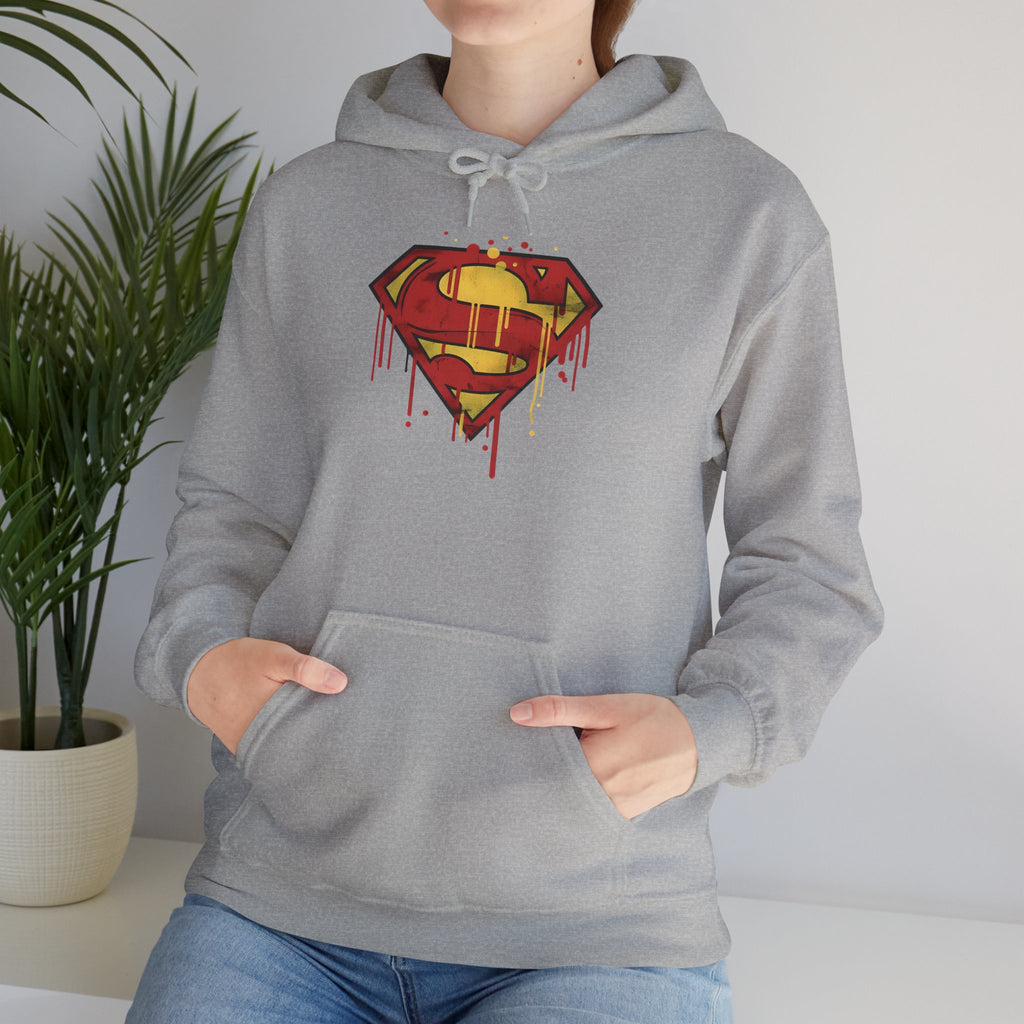 Dripping Superman Emblem Hoodie — Retro Grunge Bleeding Superman Pullover
