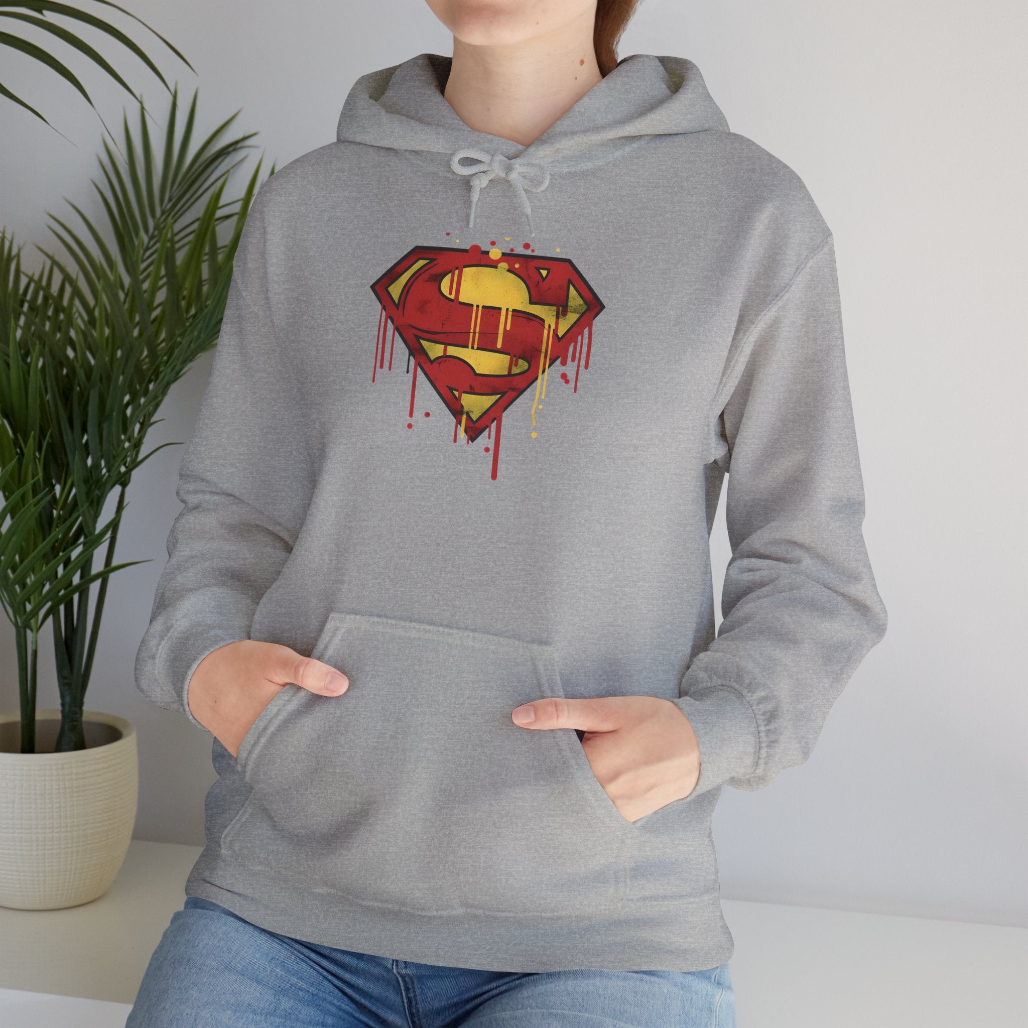 Dripping Superman Emblem Hoodie — Retro Grunge Bleeding Superman Pullover
