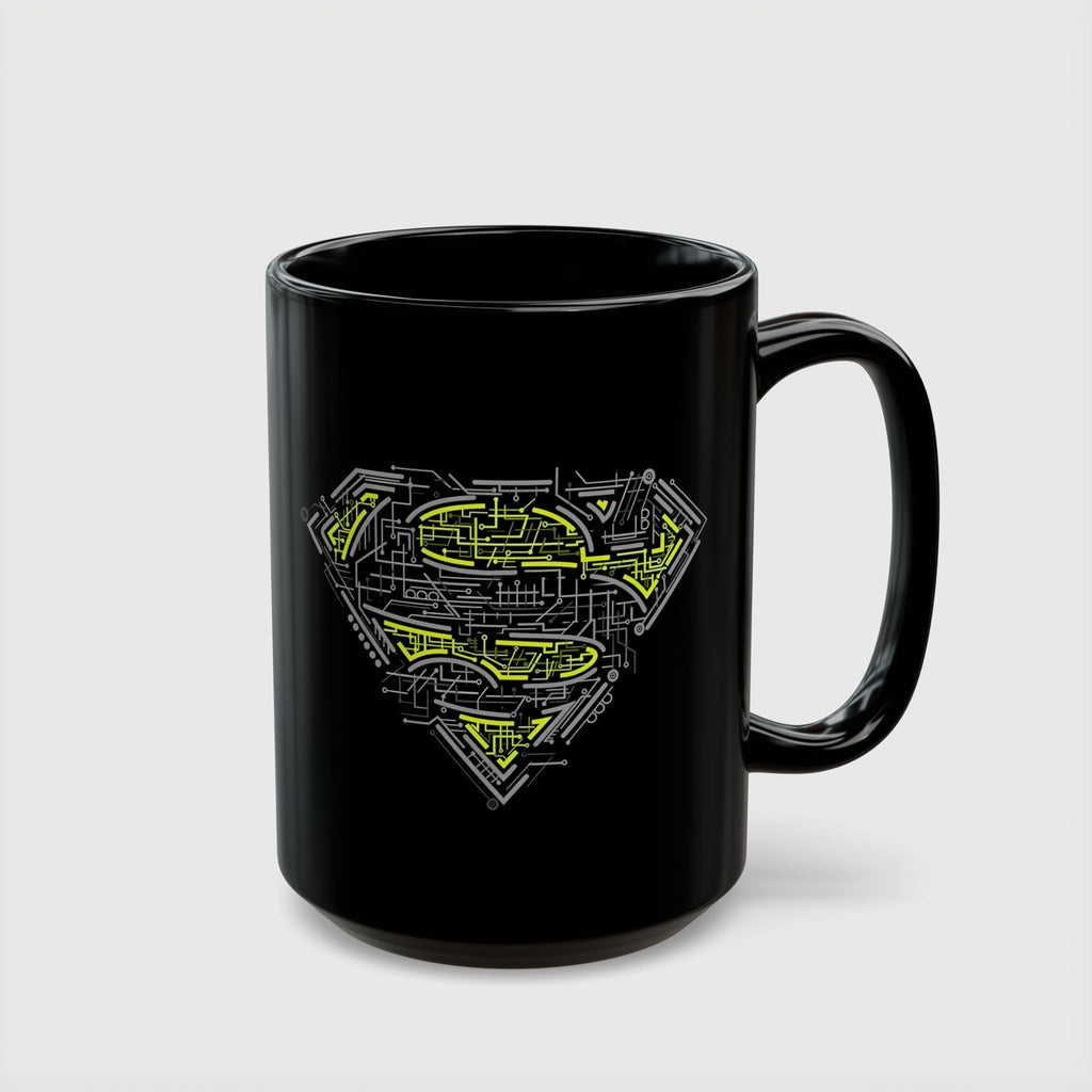 DC Superman Cyborg Logo Coffee Mug — Neon Tech Superman Shield Coffee Cup (11oz/15oz)