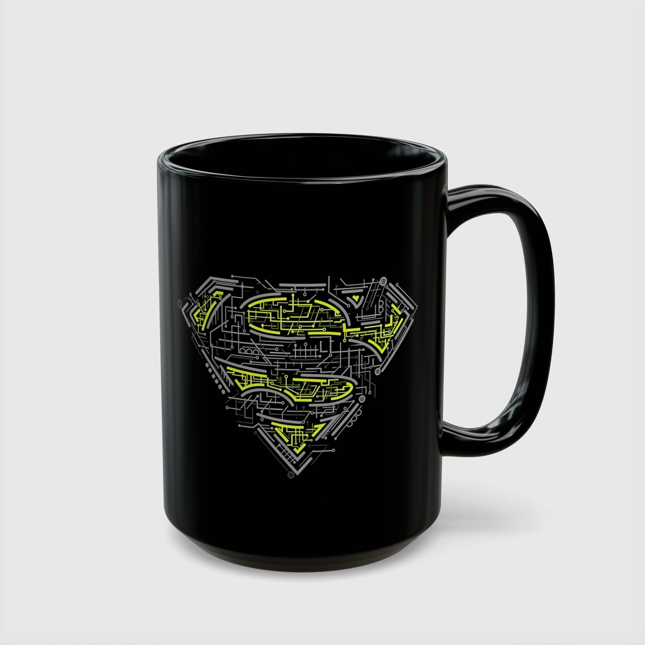 DC Superman Cyborg Logo Coffee Mug — Neon Tech Superman Shield Coffee Cup (11oz/15oz)