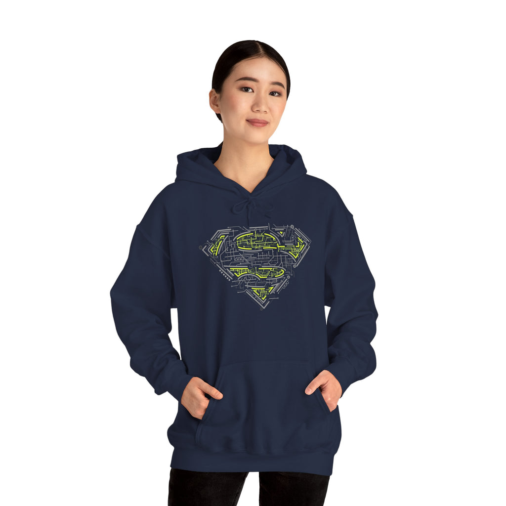 Superman Tech Shield Hoodie — Futuristic Man of Steel Fanart Logo Pullover