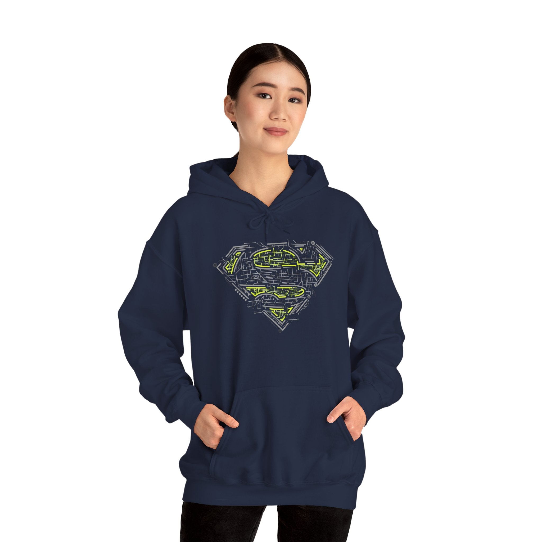 Superman Tech Shield Hoodie — Futuristic Man of Steel Fanart Logo Pullover