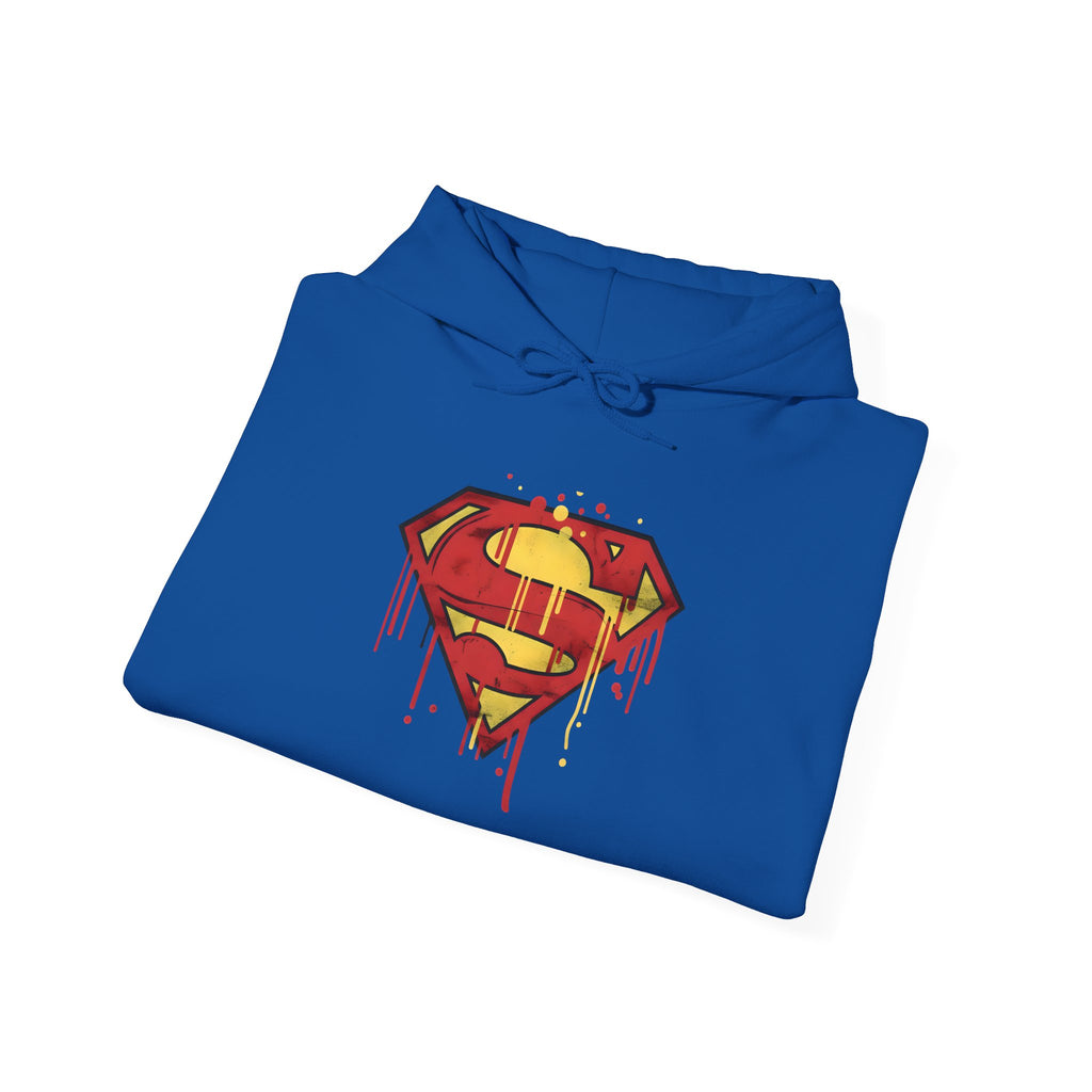 Dripping Superman Emblem Hoodie — Retro Grunge Bleeding Superman Pullover