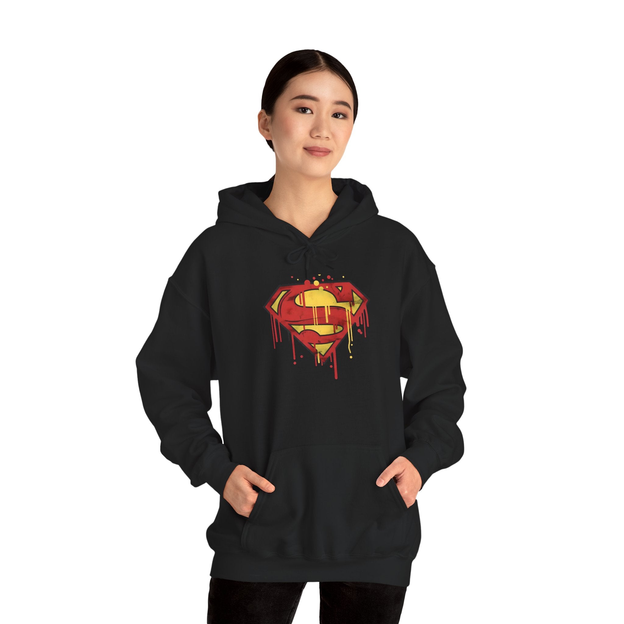 Dripping Superman Emblem Hoodie — Retro Grunge Bleeding Superman Pullover