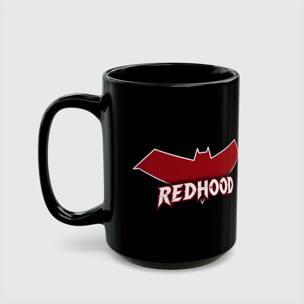 Red Hood Outlaw Symbol Black Ceramic Mug - Jason Todd Coffee Cup - Bold Red Bat Emblem Design - 11oz & 15oz