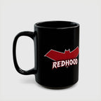 Red Hood Outlaw Symbol Black Ceramic Mug - Jason Todd Coffee Cup - Bold Red Bat Emblem Design - 11oz & 15oz