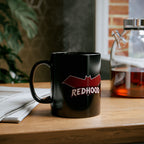 Red Hood Outlaw Symbol Black Ceramic Mug - Jason Todd Coffee Cup - Bold Red Bat Emblem Design - 11oz & 15oz