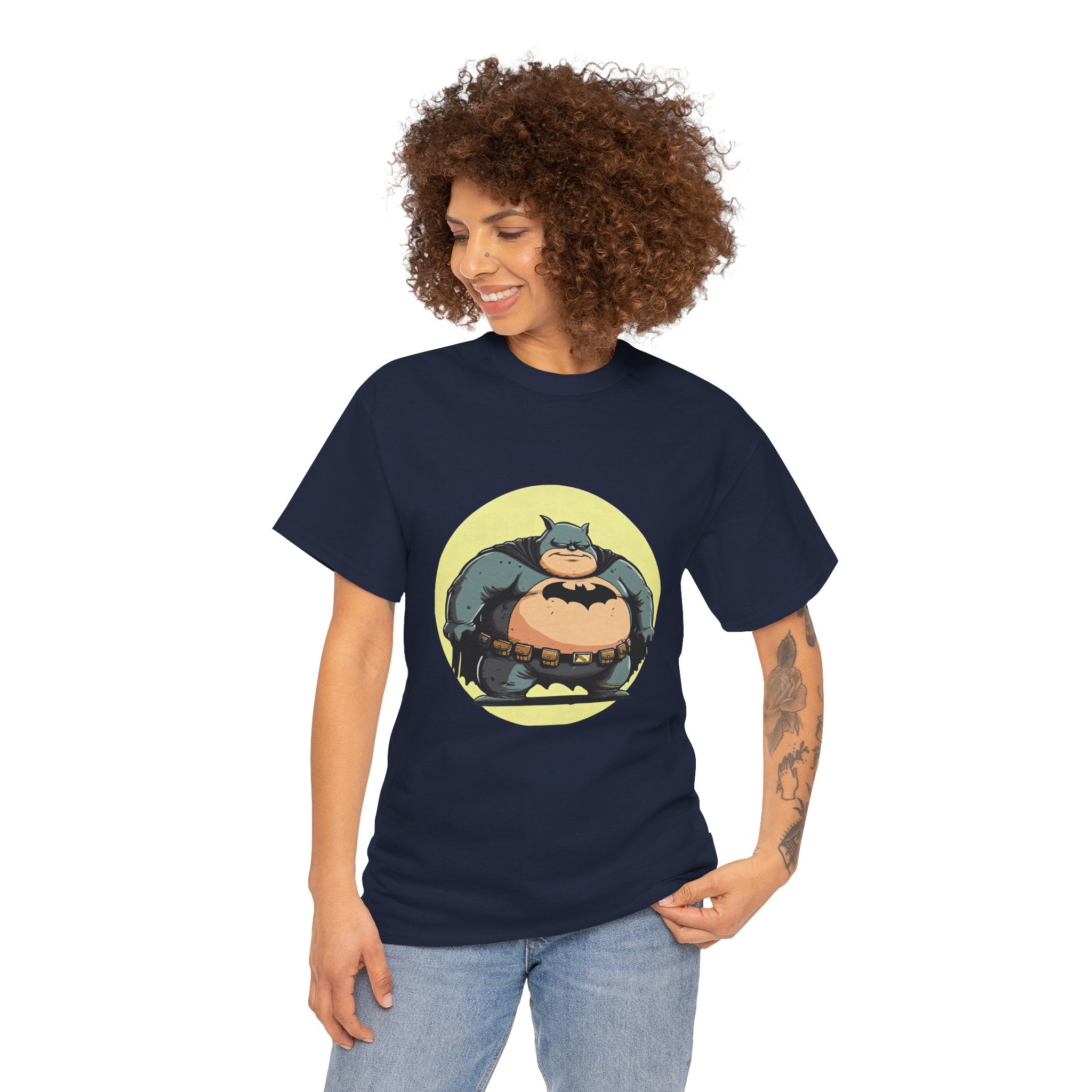 Funny Chubby Bat Hero T‑Shirt — Cute Fat Batman Parody Tee