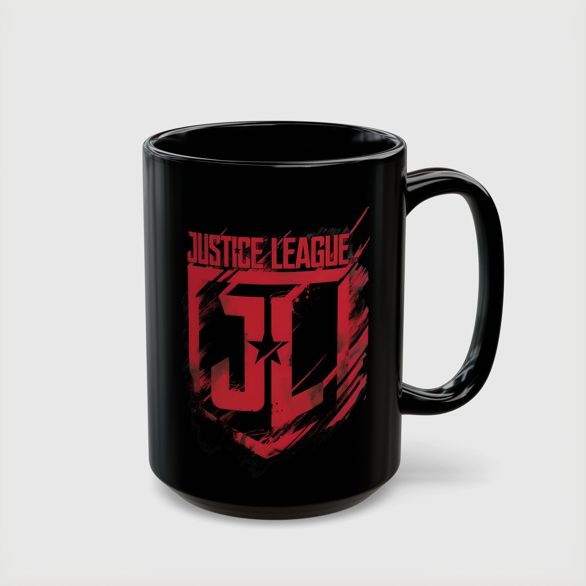 Justice League Logo Black Mug — Red Emblem Coffee Ceramic Cup (11oz/15oz)