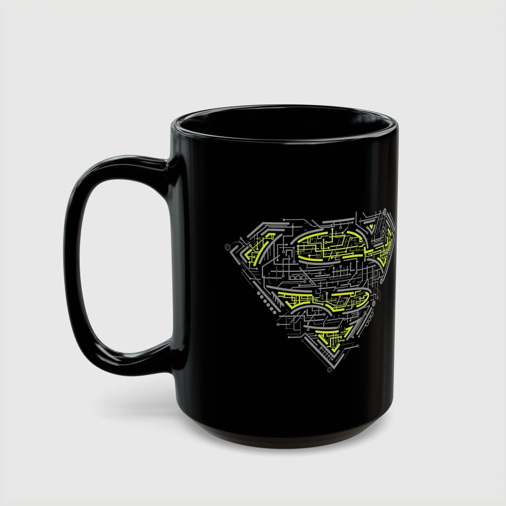 DC Superman Cyborg Logo Coffee Mug — Neon Tech Superman Shield Coffee Cup (11oz/15oz)