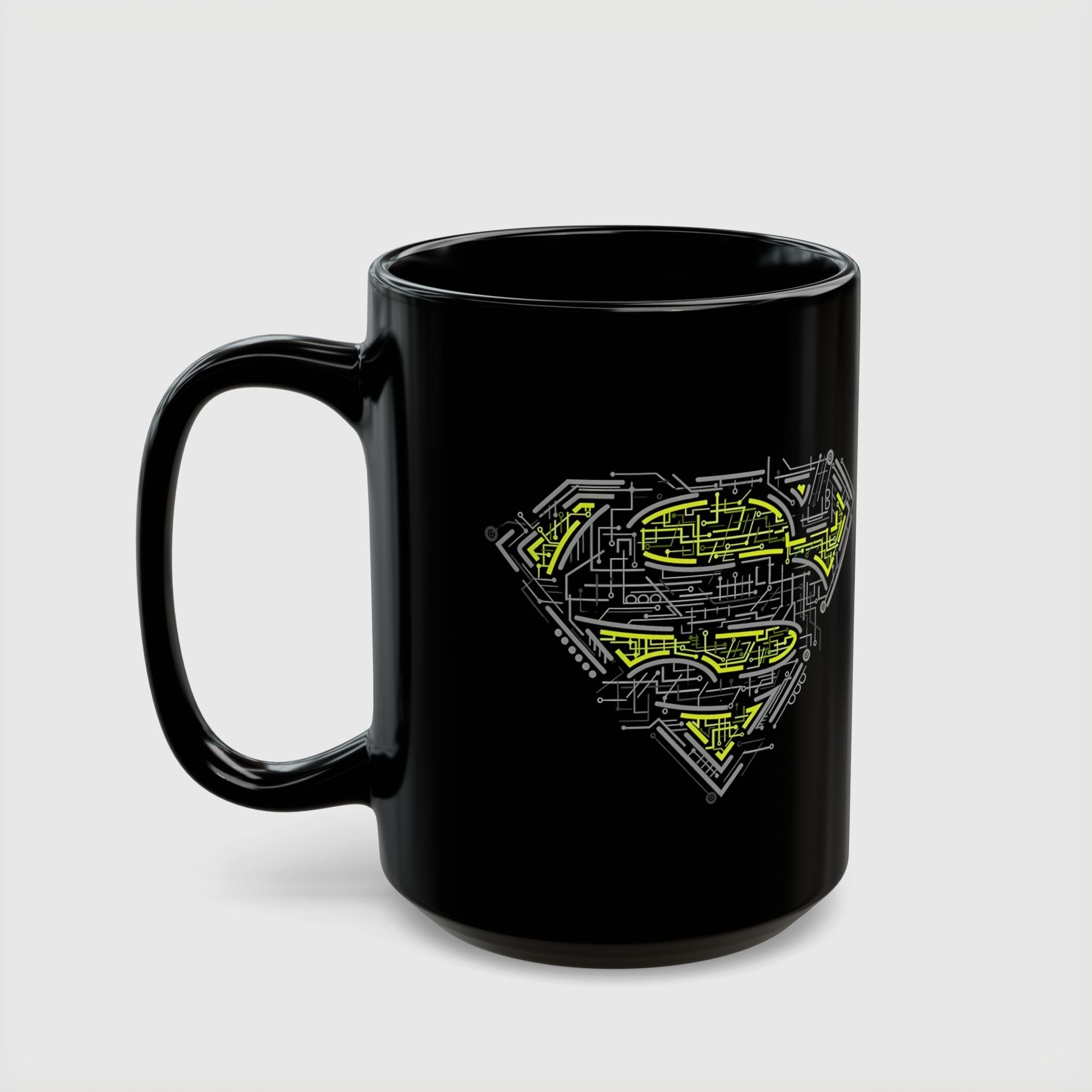 DC Superman Cyborg Logo Coffee Mug — Neon Tech Superman Shield Coffee Cup (11oz/15oz)