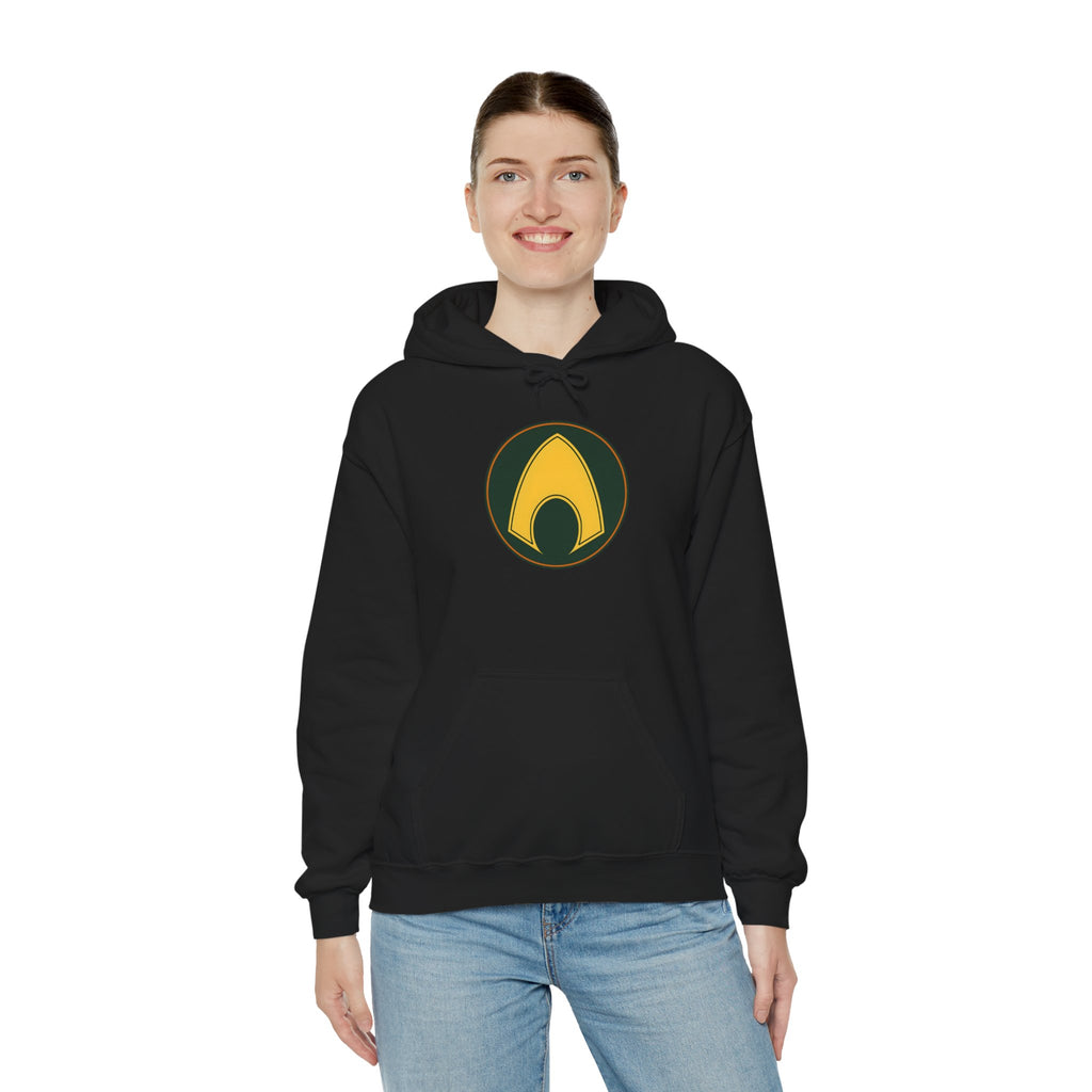 Aquaman Shield Hoodie — Retro Green & Gold Emblem Pullover