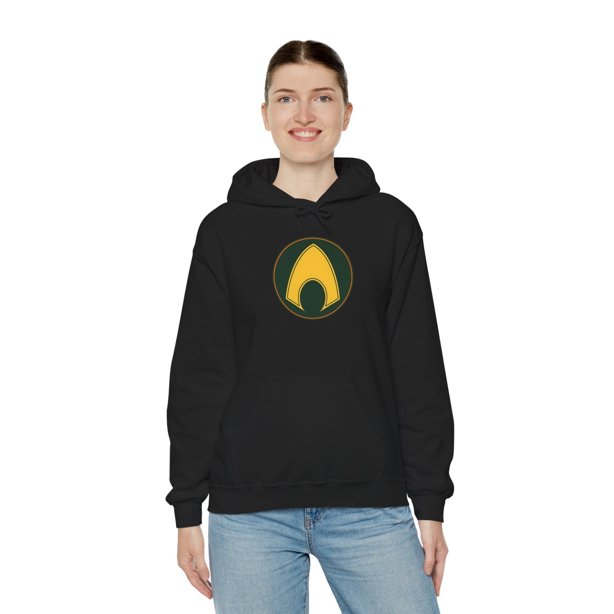Aquaman Shield Hoodie — Retro Green & Gold Emblem Pullover