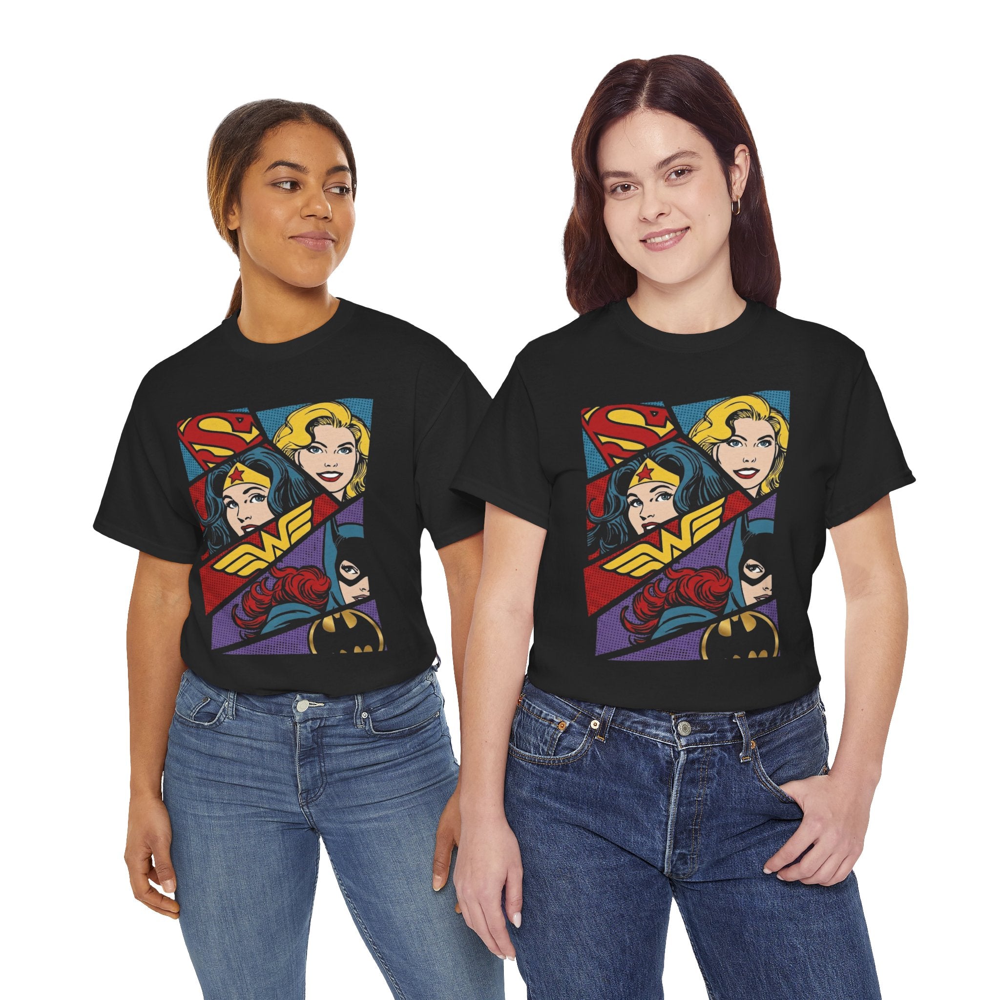 DC Girls Superhero Collage T‑Shirt — Wonder Woman, Supergirl & Batgirl Comic Tee