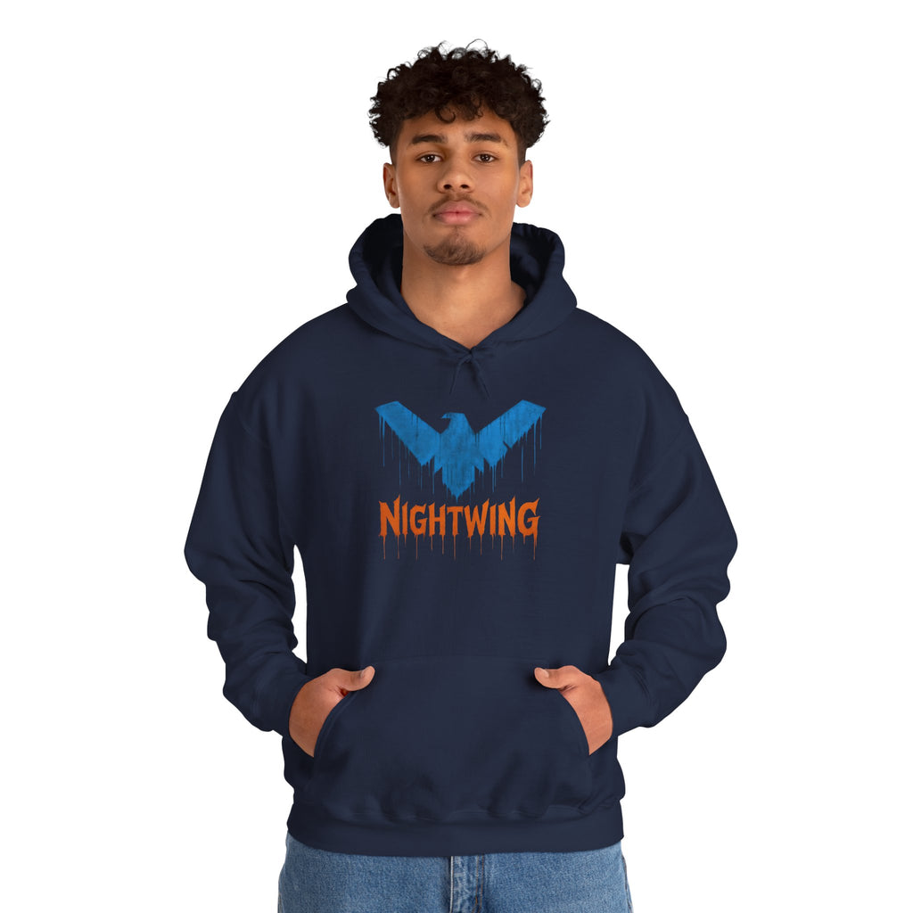 Nightwing Logo Hoodie — Dick Grayson Blue Bat Graphic Pullover