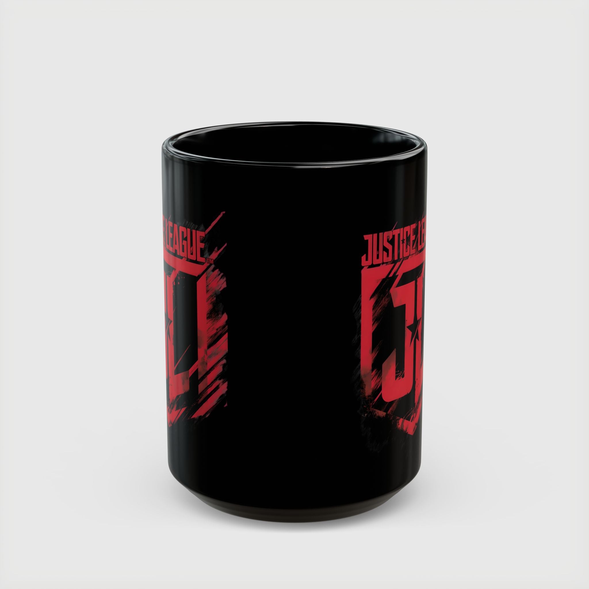 Justice League Logo Black Mug — Red Emblem Coffee Ceramic Cup (11oz/15oz)