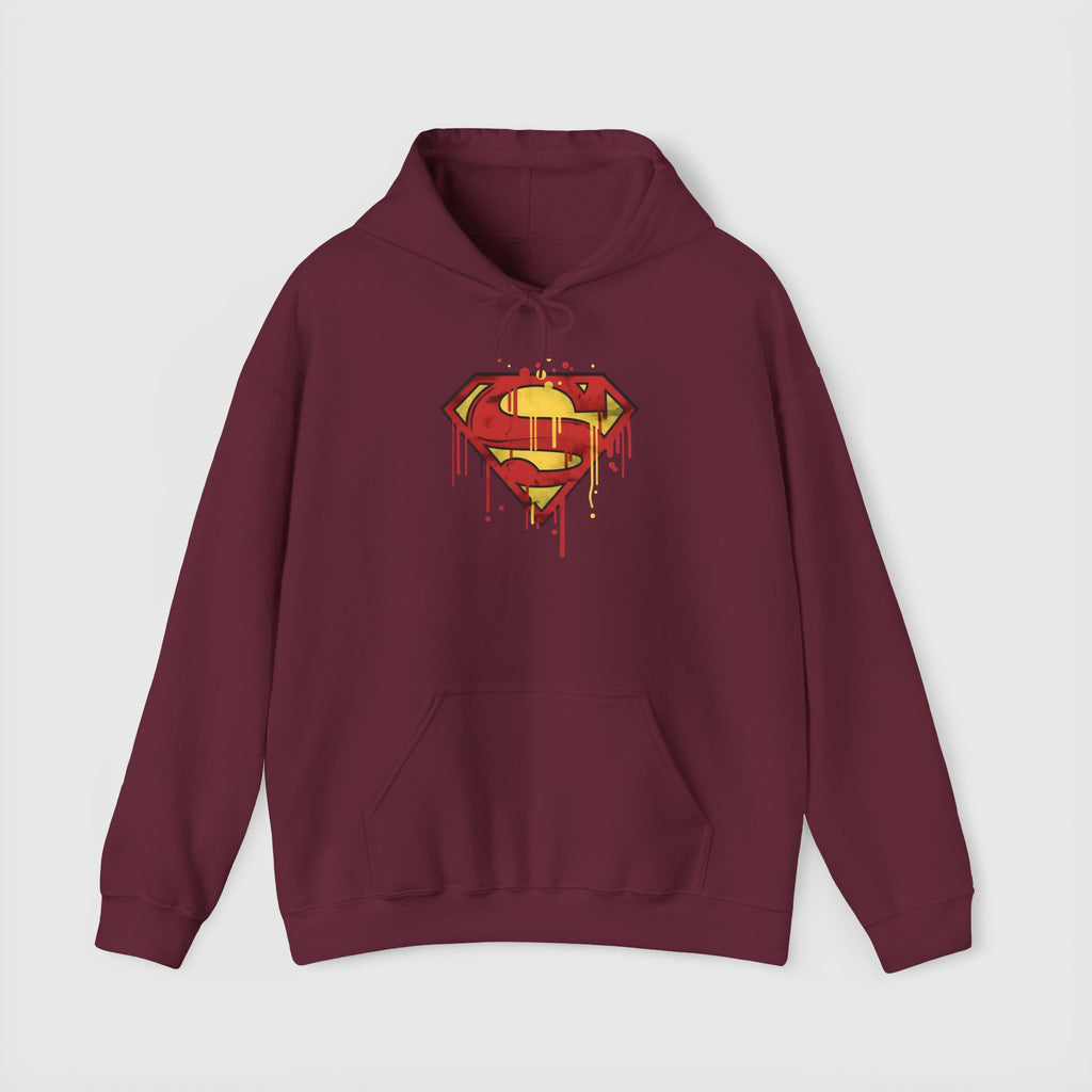 Dripping Superman Emblem Hoodie — Retro Grunge Bleeding Superman Pullover