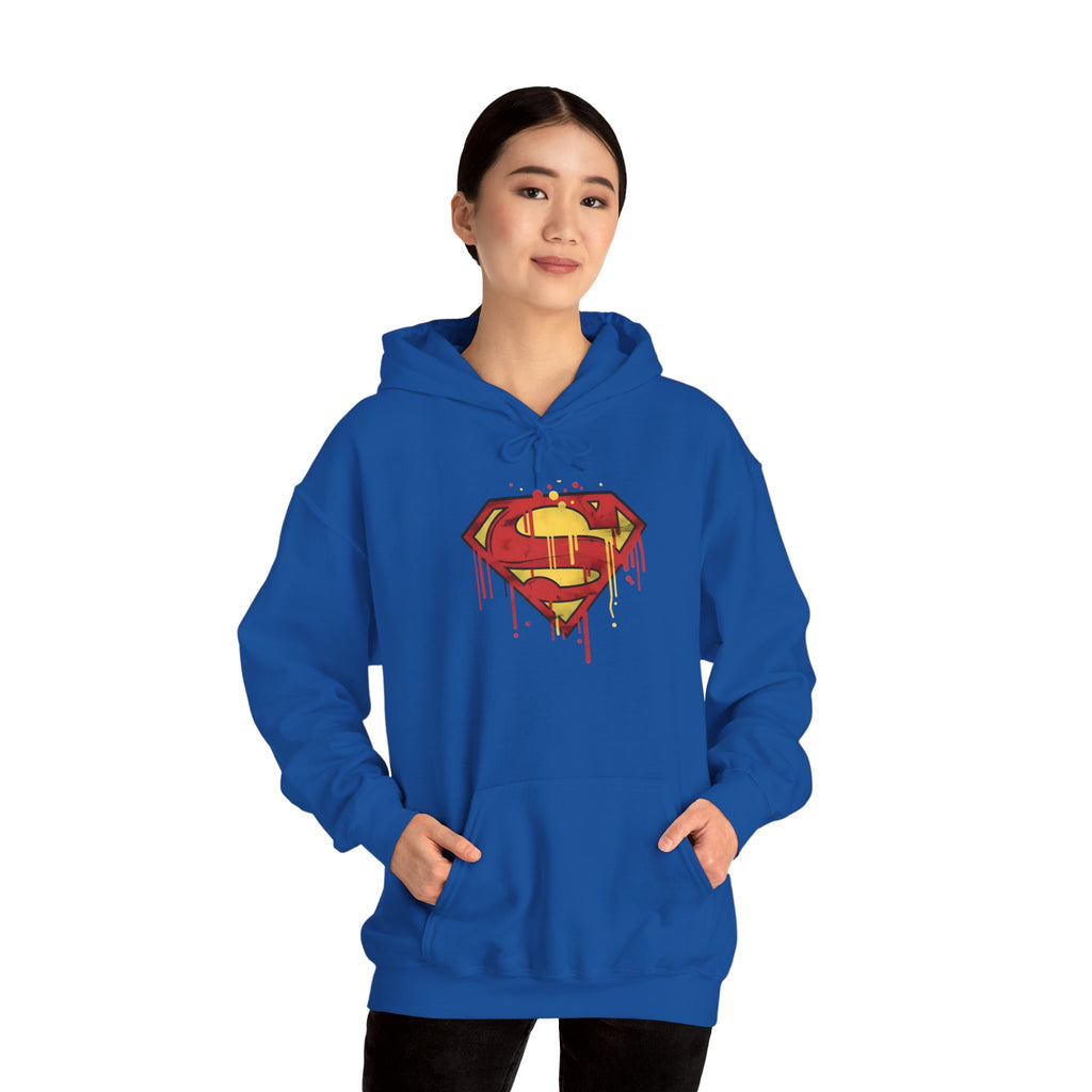 Dripping Superman Emblem Hoodie — Retro Grunge Bleeding Superman Pullover