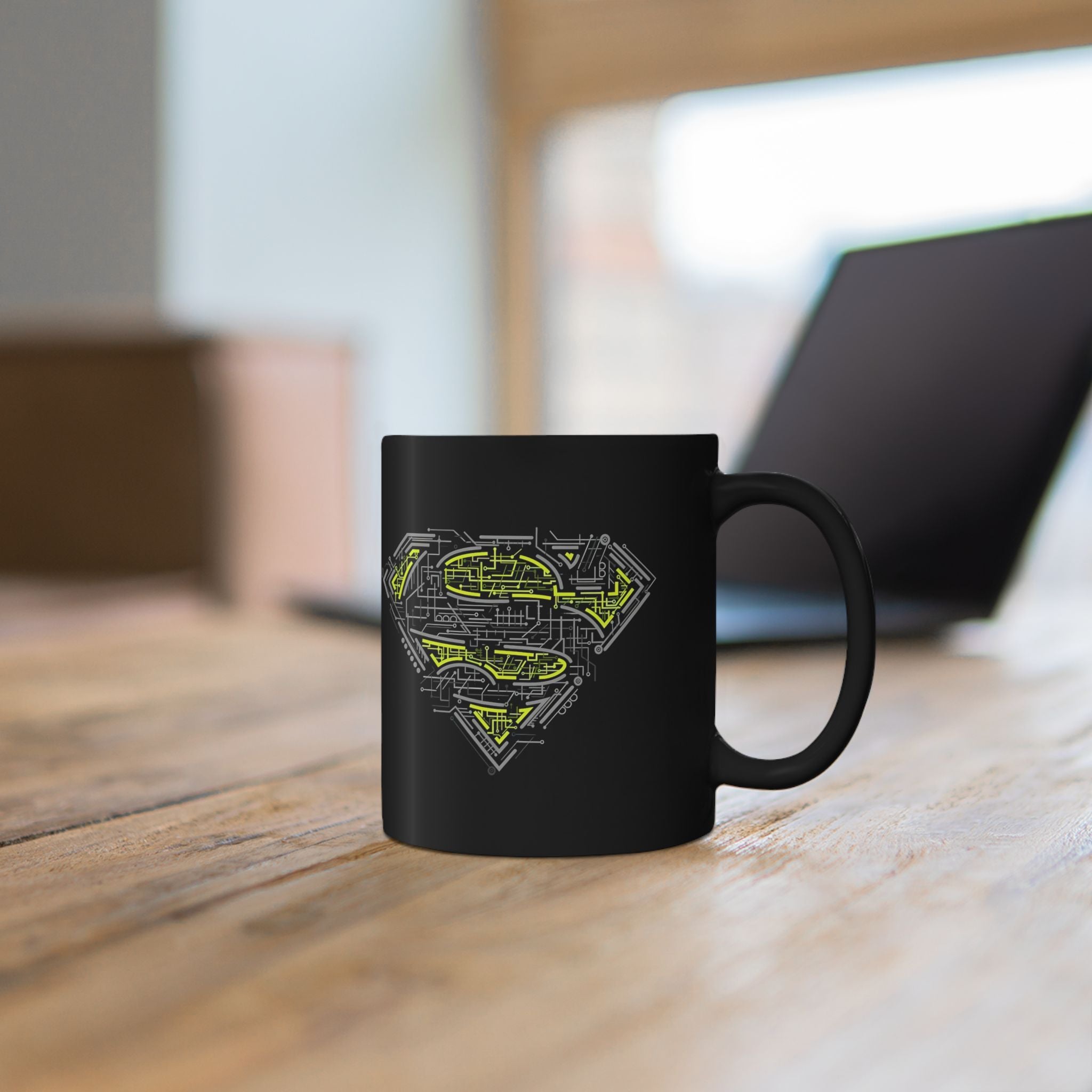 DC Superman Cyborg Logo Coffee Mug — Neon Tech Superman Shield Coffee Cup (11oz/15oz)