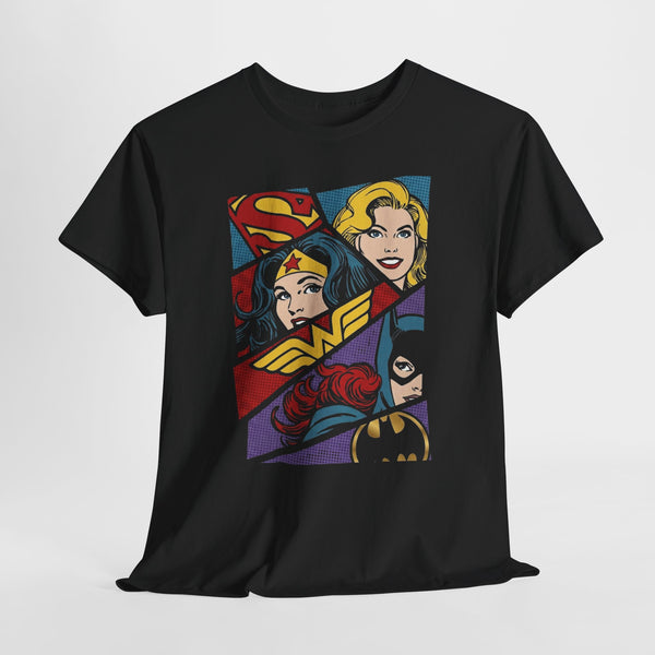 DC Girls Superhero Collage T‑Shirt — Wonder Woman, Supergirl & Batgirl Comic Tee