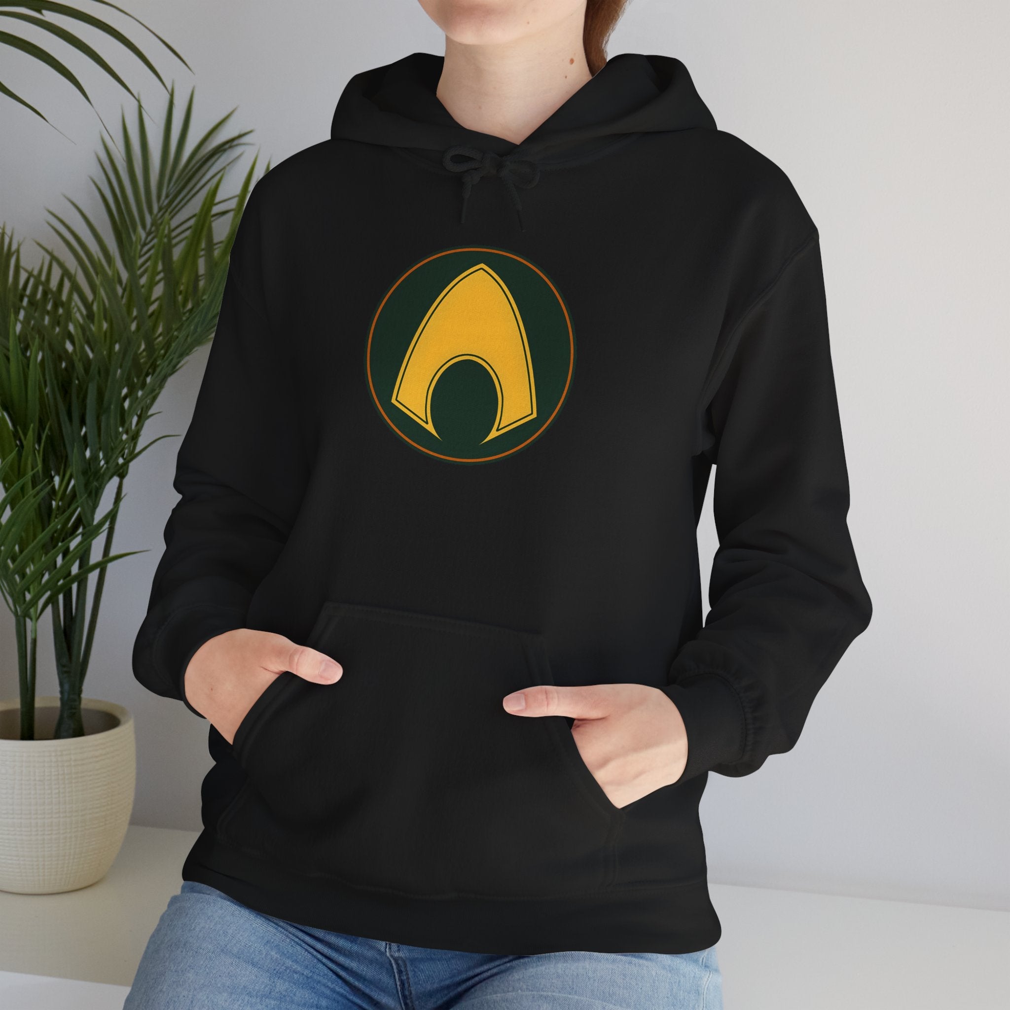 Aquaman Shield Hoodie — Retro Green & Gold Emblem Pullover