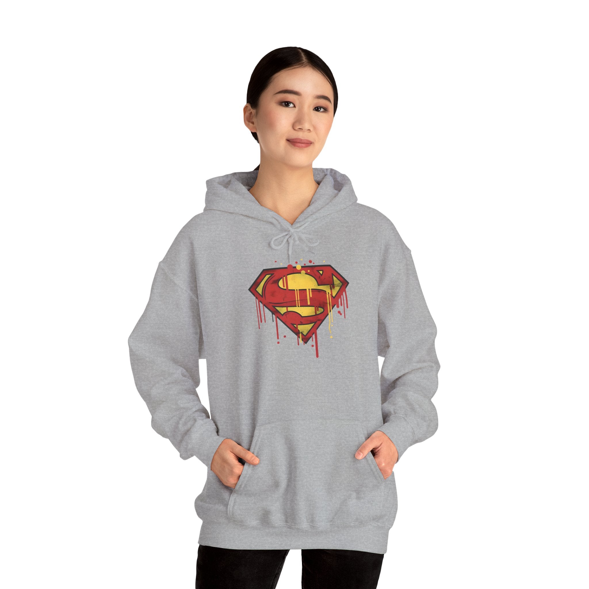Dripping Superman Emblem Hoodie — Retro Grunge Bleeding Superman Pullover