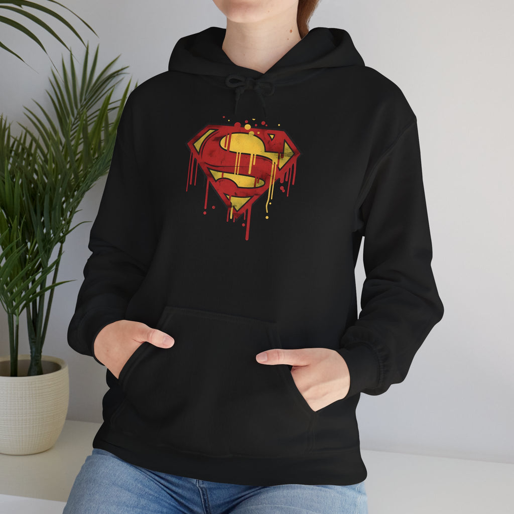 Dripping Superman Emblem Hoodie — Retro Grunge Bleeding Superman Pullover