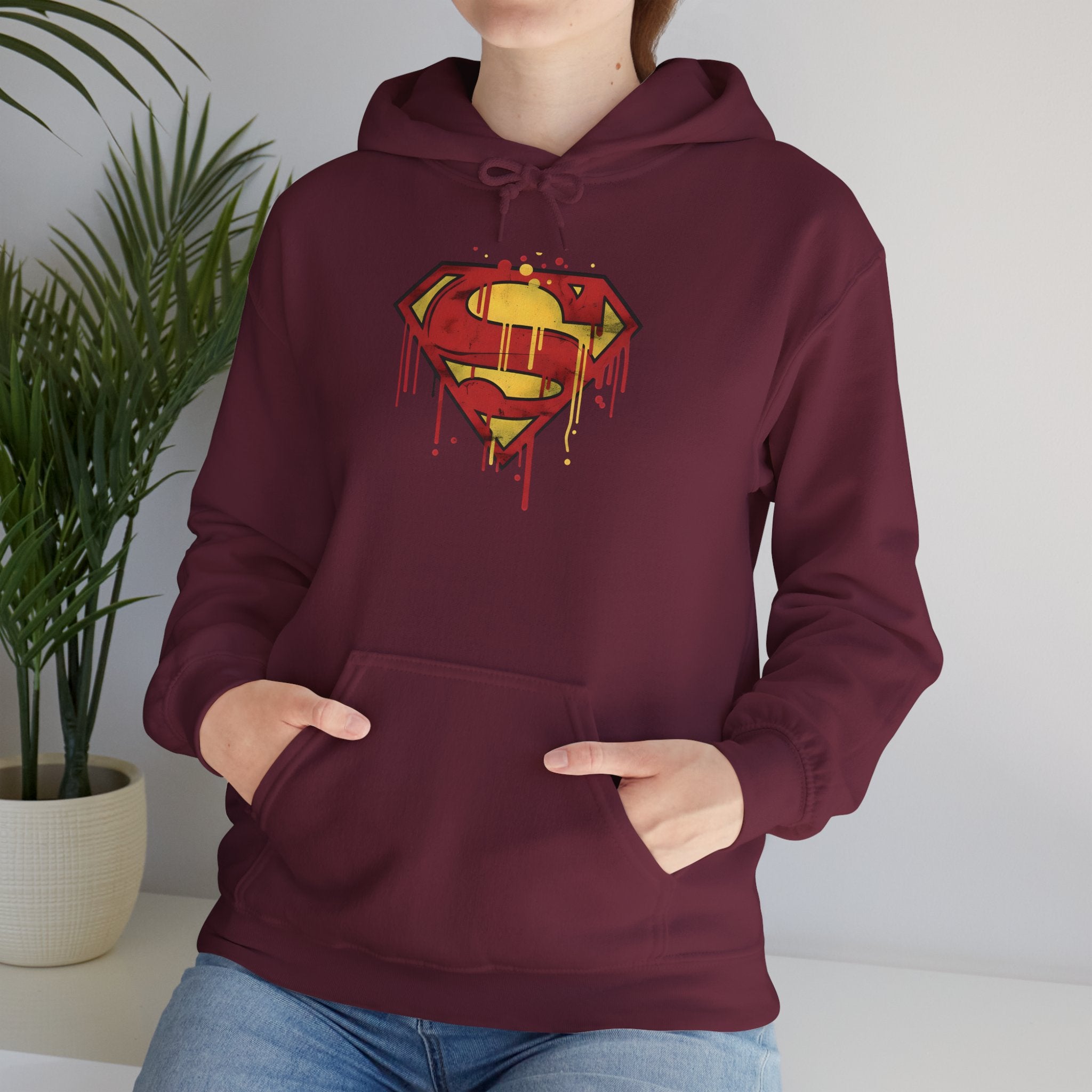 Dripping Superman Emblem Hoodie — Retro Grunge Bleeding Superman Pullover