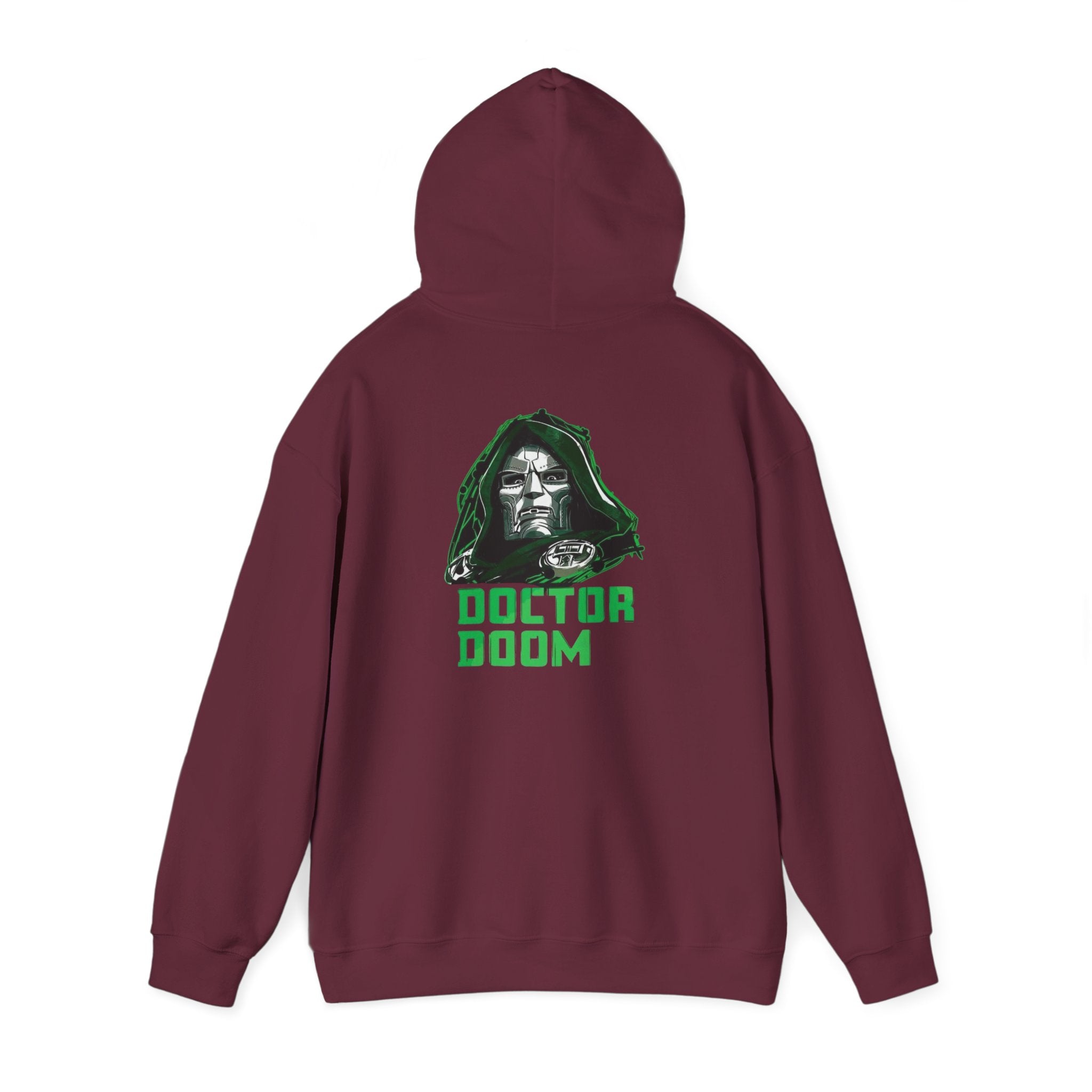 Doctor Doom Avengers Hoodie — Villain Portrait & Back Text Graphic