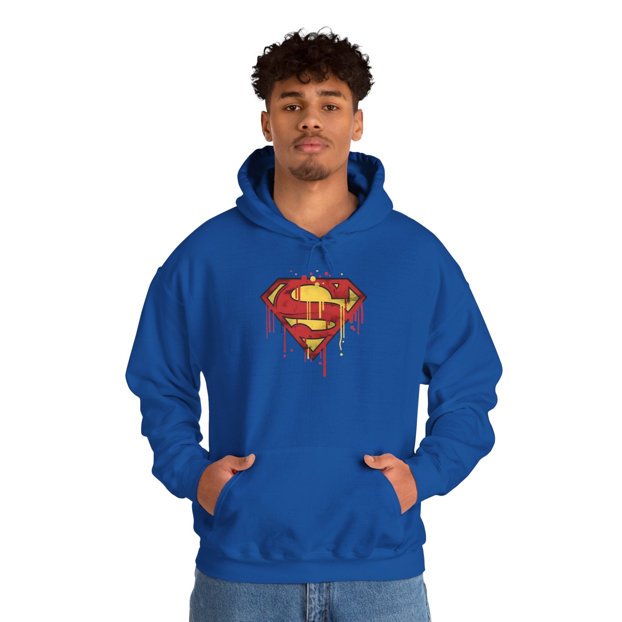 Dripping Superman Emblem Hoodie — Retro Grunge Bleeding Superman Pullover