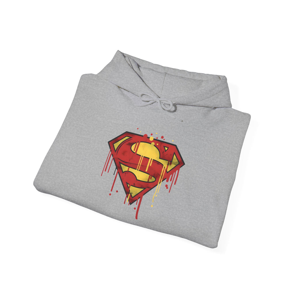 Dripping Superman Emblem Hoodie — Retro Grunge Bleeding Superman Pullover
