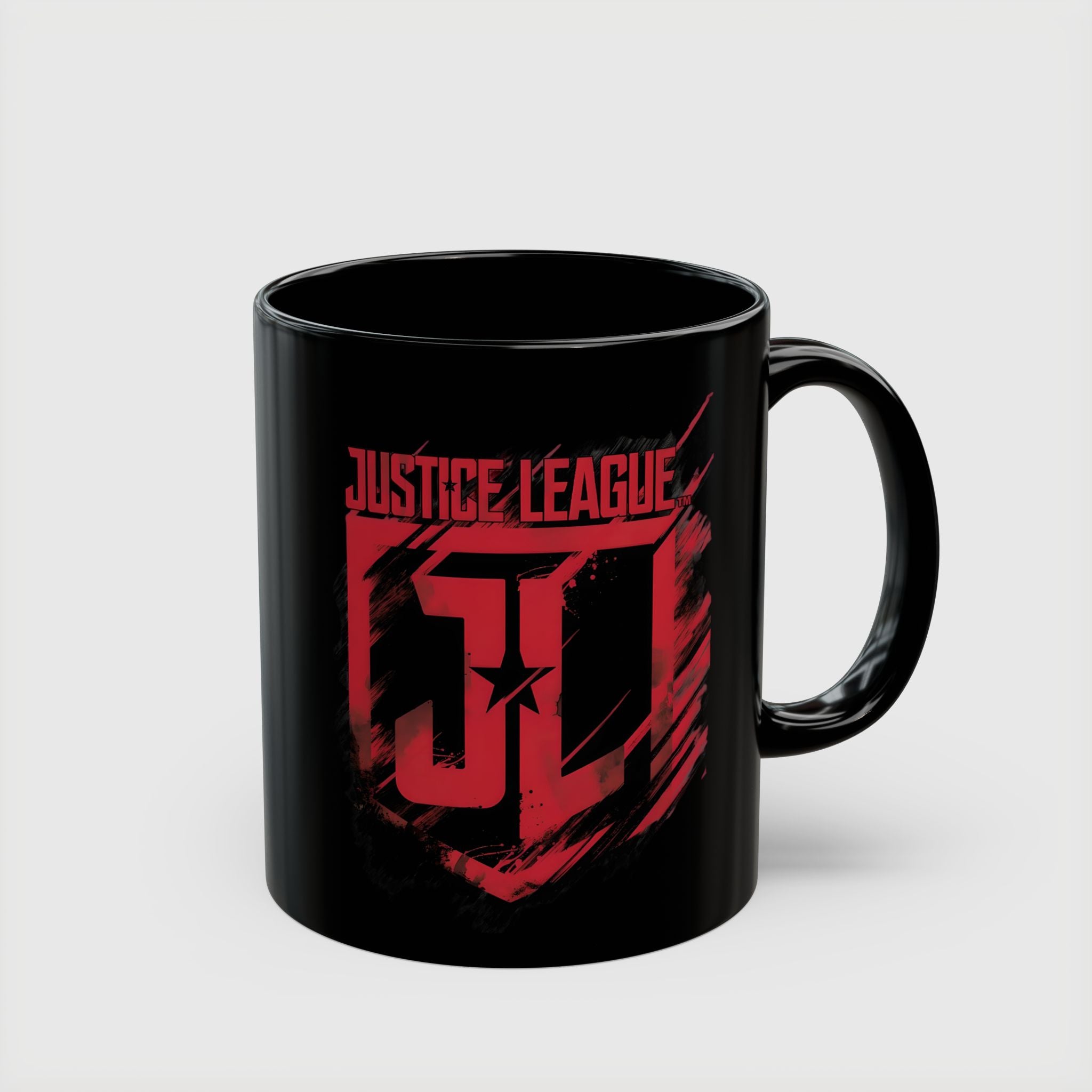Justice League Logo Black Mug — Red Emblem Coffee Ceramic Cup (11oz/15oz)