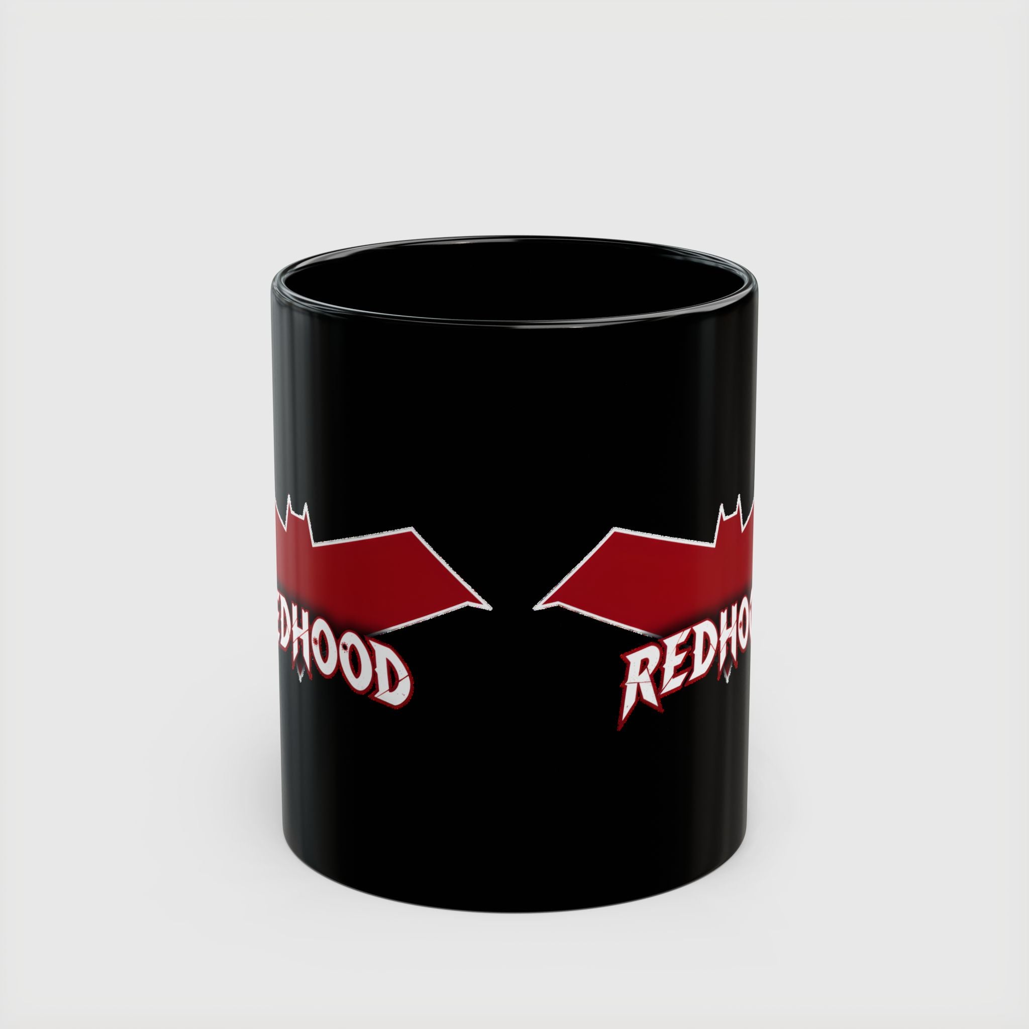 Red Hood Outlaw Symbol Black Ceramic Mug - Jason Todd Coffee Cup - Bold Red Bat Emblem Design - 11oz & 15oz