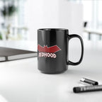 Red Hood Outlaw Symbol Black Ceramic Mug - Jason Todd Coffee Cup - Bold Red Bat Emblem Design - 11oz & 15oz