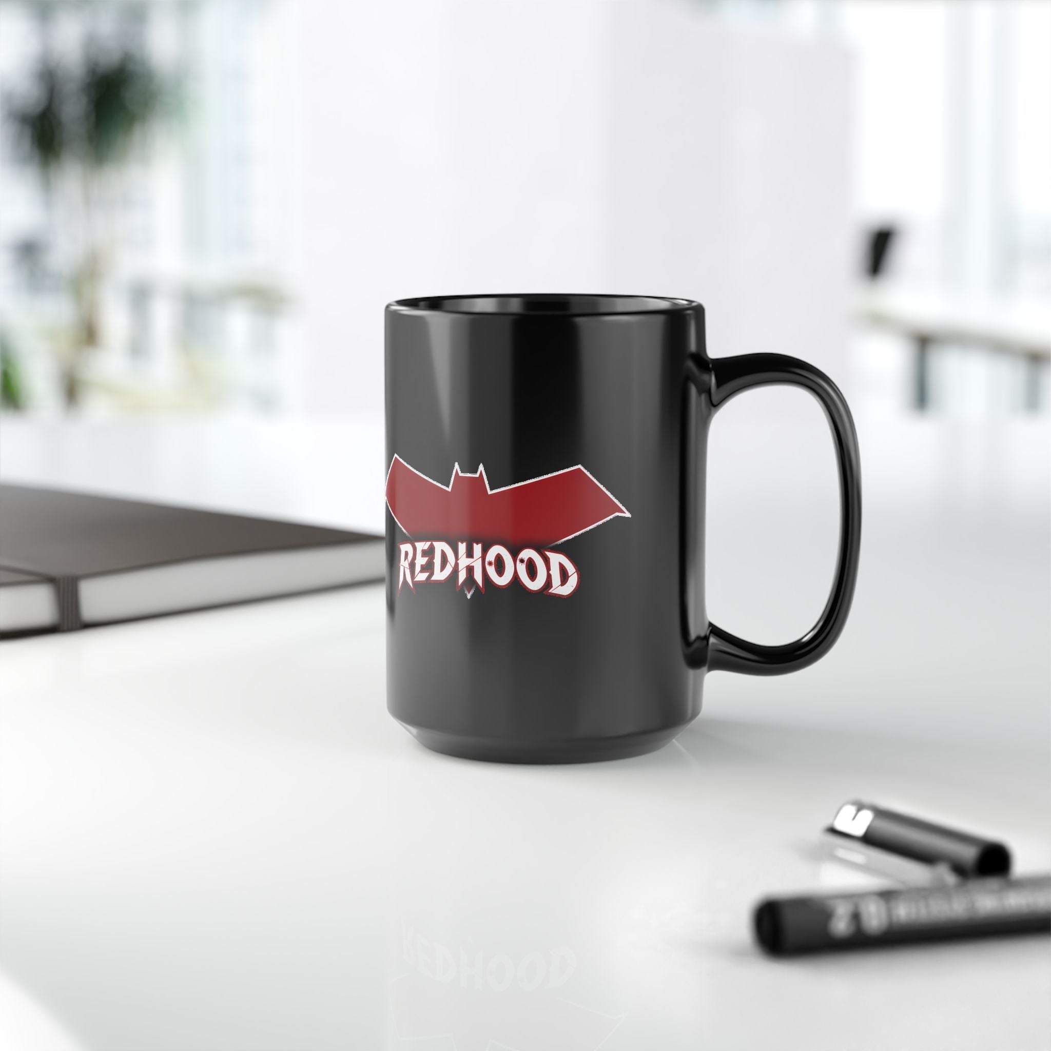 Red Hood Outlaw Symbol Black Ceramic Mug - Jason Todd Coffee Cup - Bold Red Bat Emblem Design - 11oz & 15oz